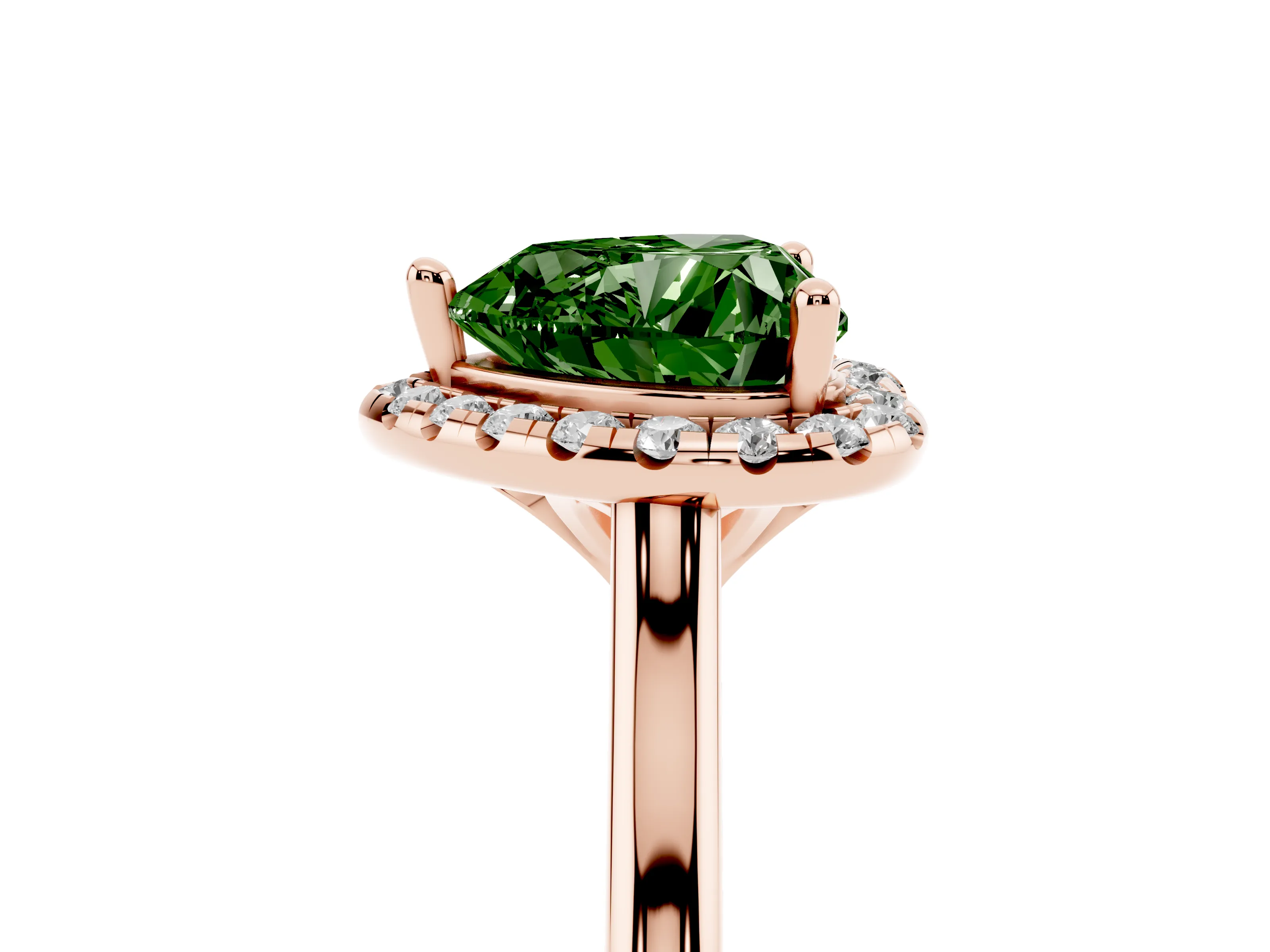 Fancy Green Heart Cut Diamond Halo Engagement Ring Set in Rose gold with Pavé Band and Rising Shoulders