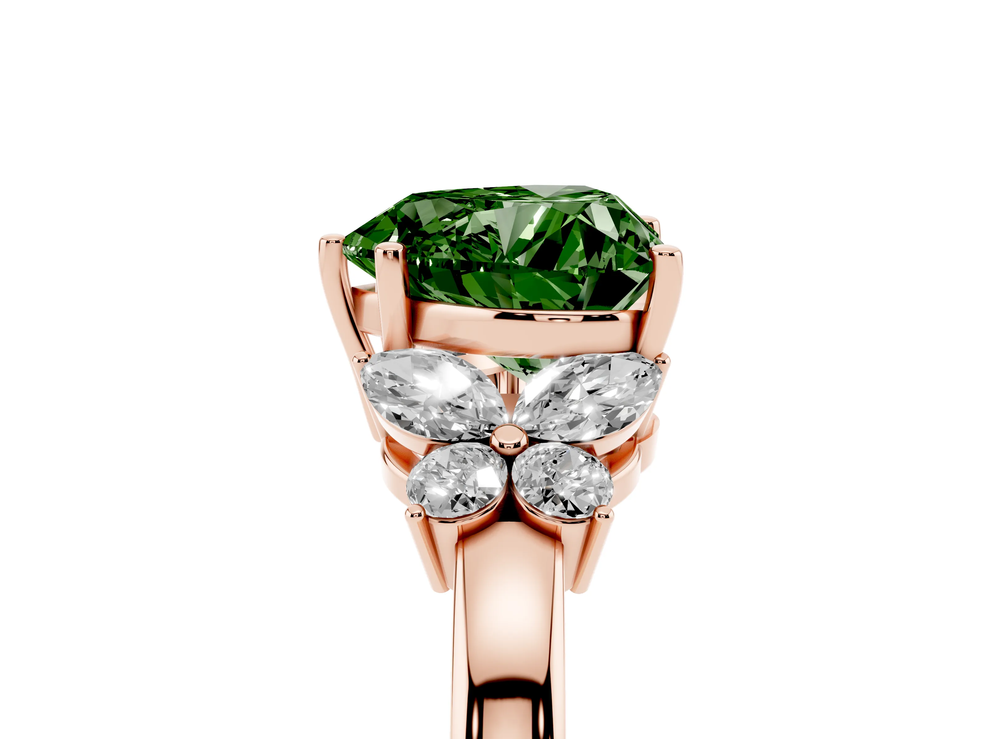 Fancy Green Heart Cut Diamond Solitaire Floral Ring Set in Rose gold with Marquise Petals and Prong Setting