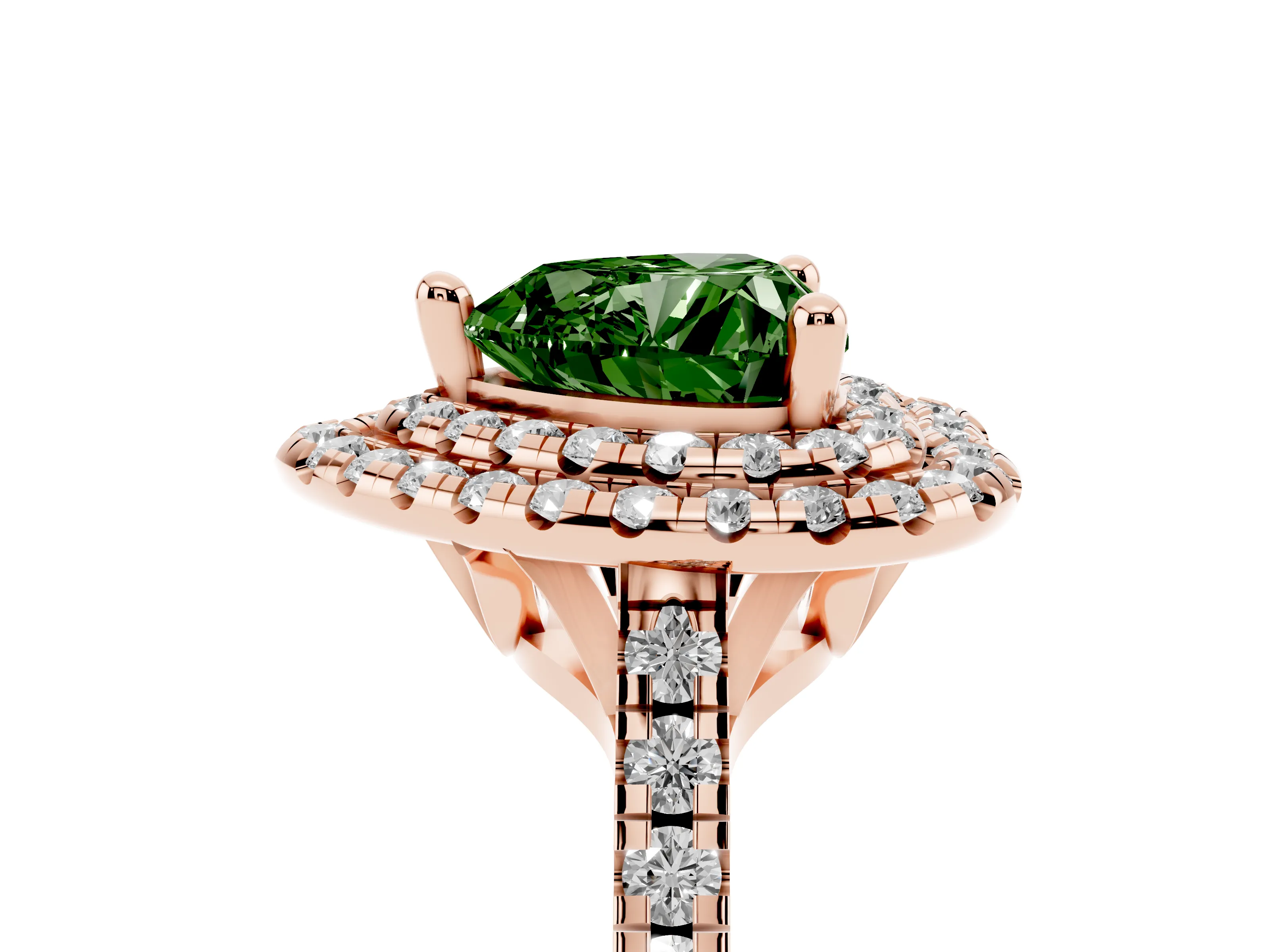 Fancy Green Heart Cut Diamond Double Halo Statement Ring Set in Rose gold with Pavé Band