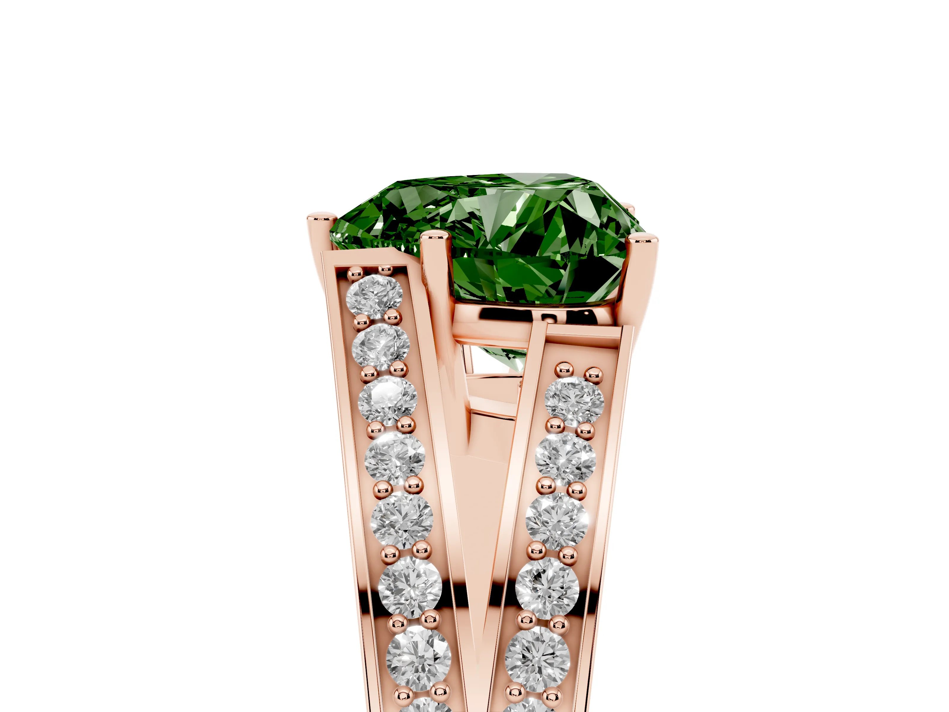 Fancy Green Heart Cut Diamond Split Shank Ring Set in Rose gold with Pavé Band and Prong Setting