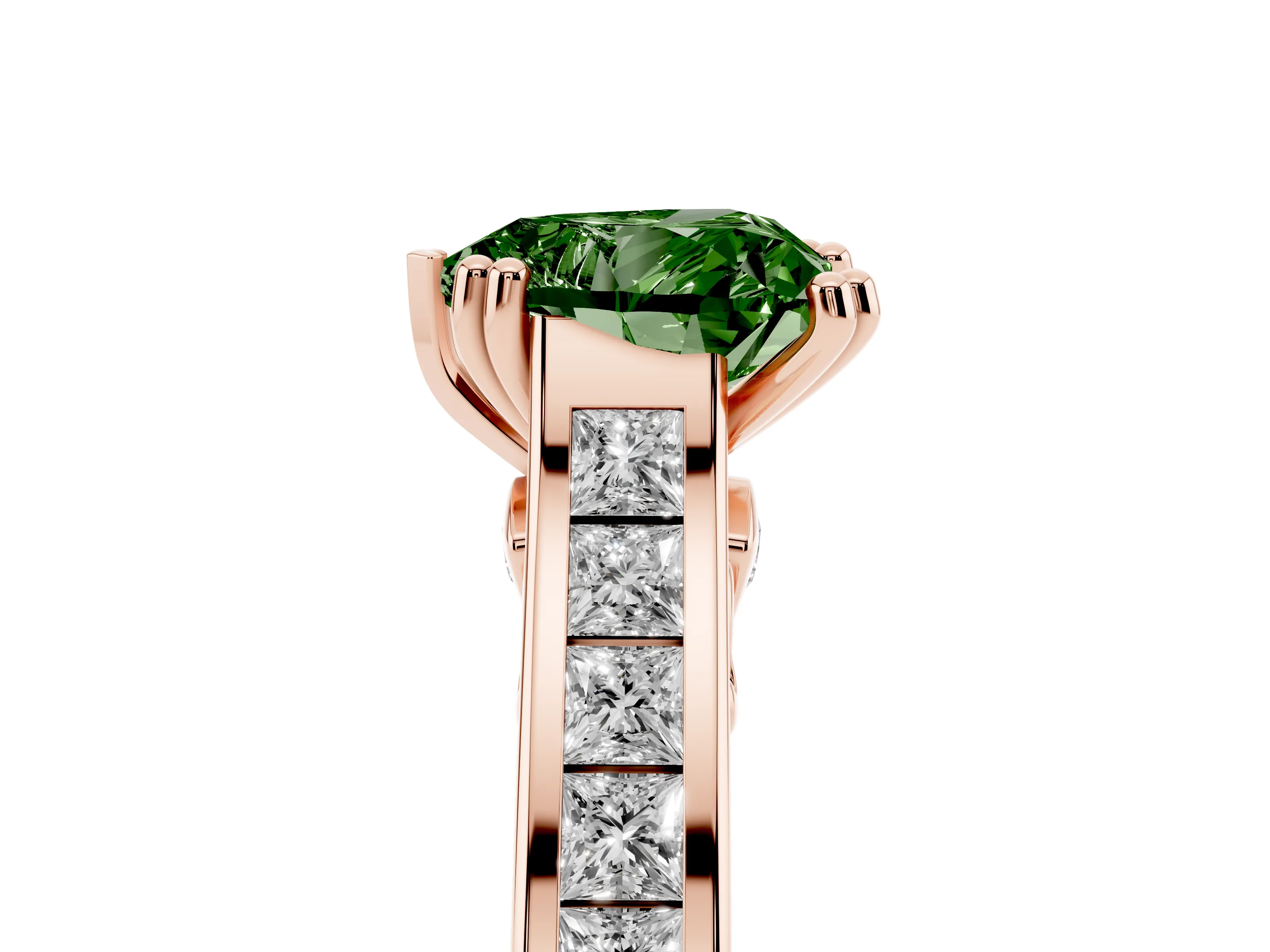 Fancy Green Heart Cut Diamond Channel Set Solitaire Engagement Ring Set in Rose gold with Prong Setting