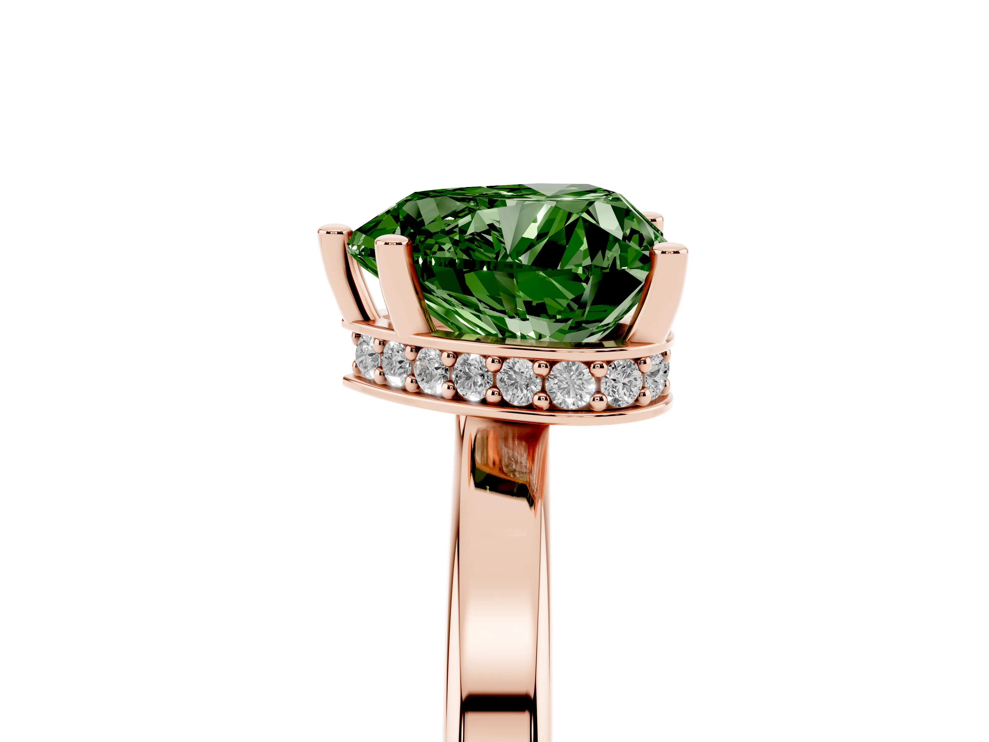 Fancy Green Heart Cut Diamond Solitaire Engagement Ring Set in Rose gold with Prong Setting on a Plain Band
