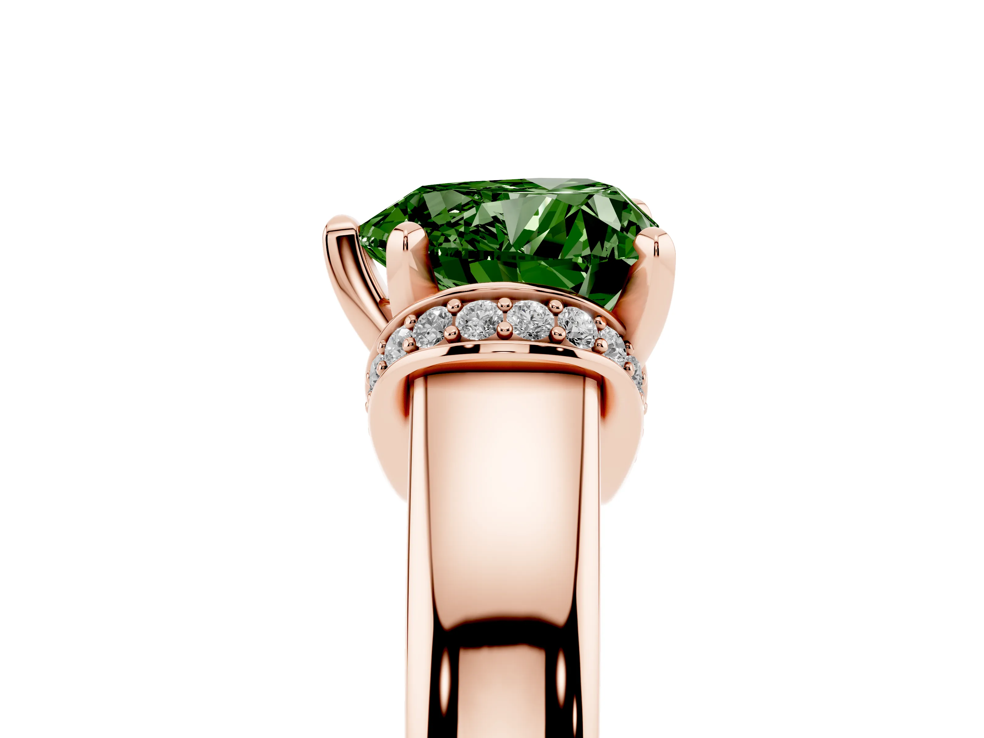 Fancy Green Heart Cut Diamond Pavé Band Solitaire Ring Set in Rose gold with Prong Setting