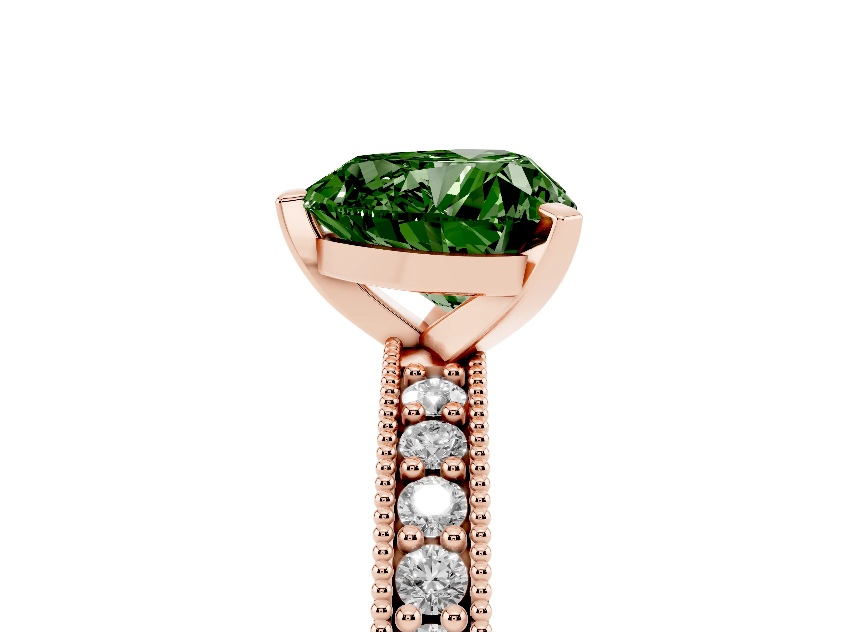 Fancy Green Heart Cut Diamond Milgrain Pavé Engagement Ring Set in Rose gold with Prong Setting