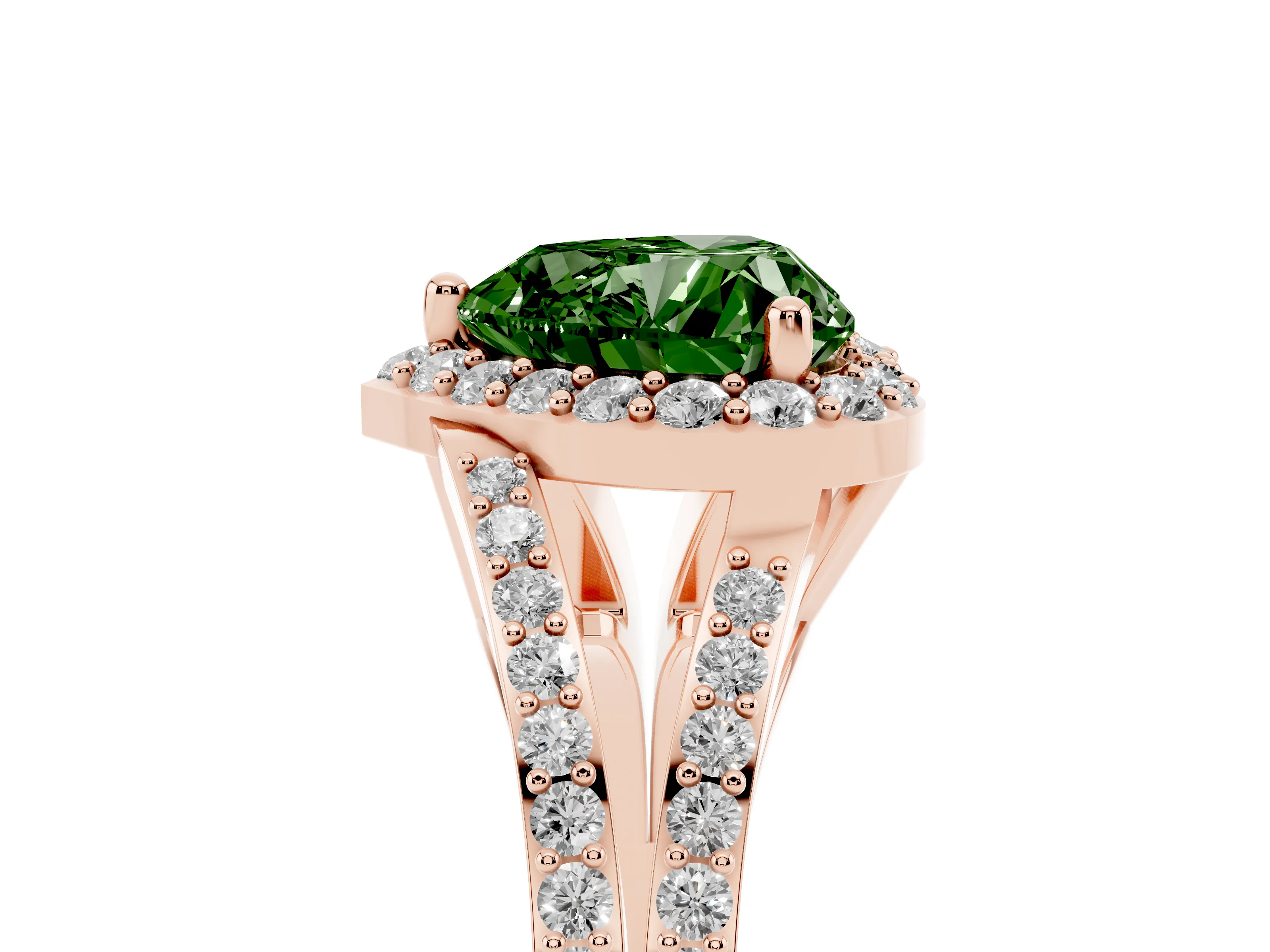 Fancy Green Heart Cut Diamond Halo Split Shank Pavé Ring Set in Rose gold with Prong Setting