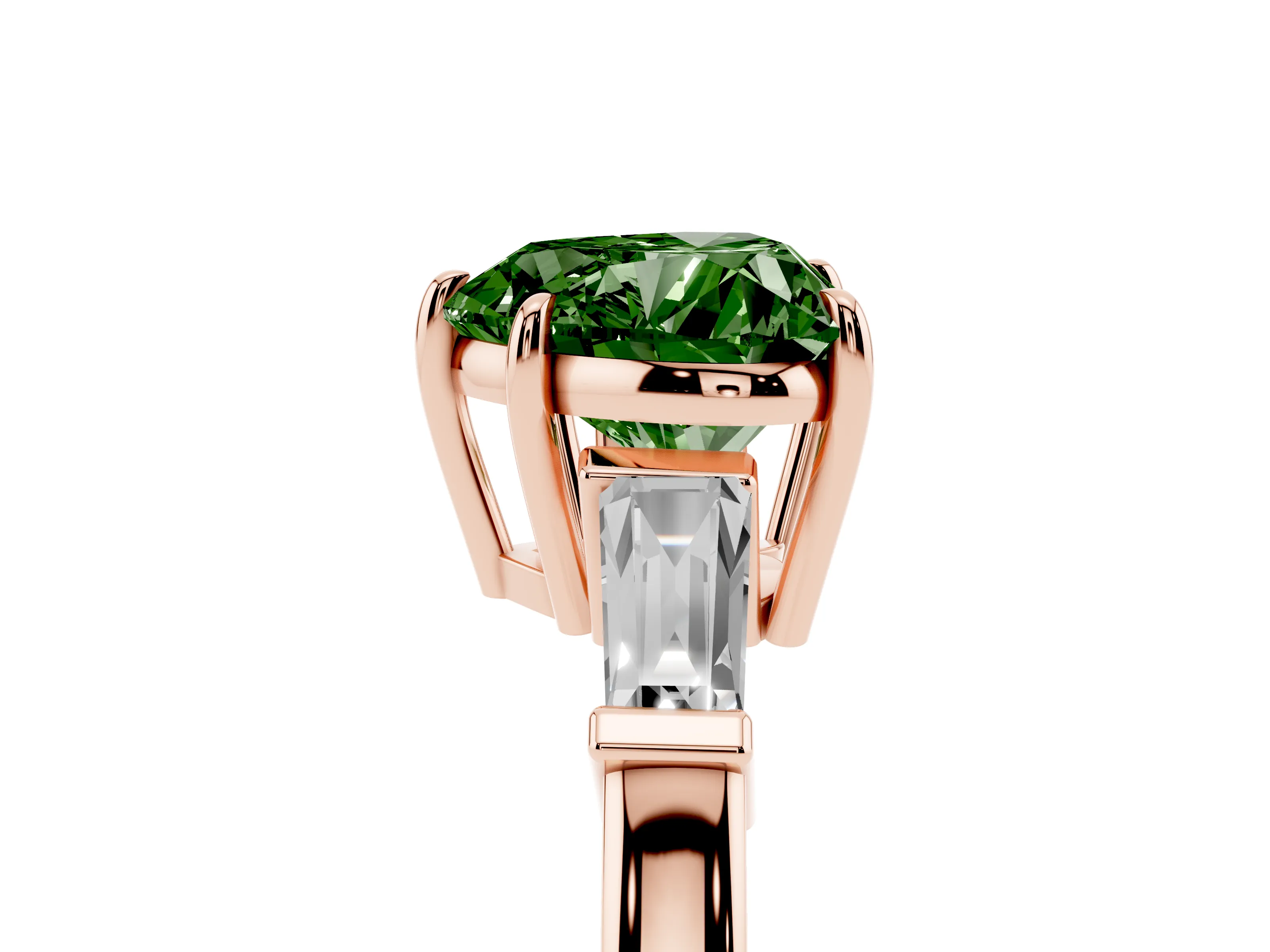 Fancy Green Heart Cut Diamond Three-Stone Ring Set in Rose gold with Tapered Baguette Side Stones and Prong Setting