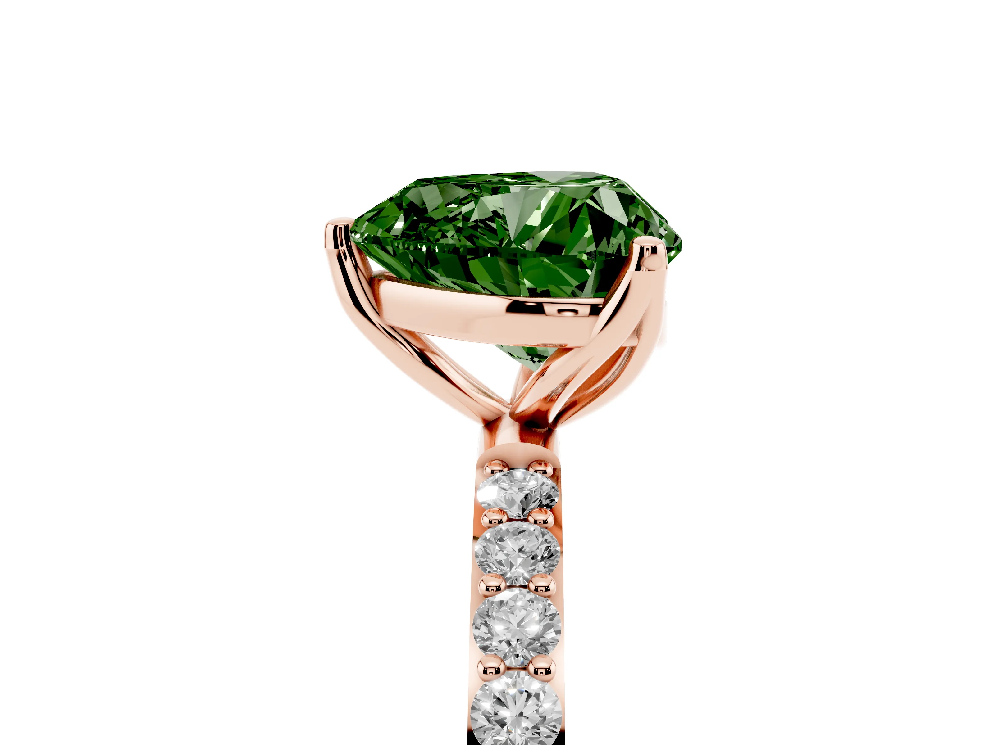 Fancy Green Heart Cut Diamond Solitaire Engagement Ring Set in Rose gold with Round Pavé Band and Prong Setting