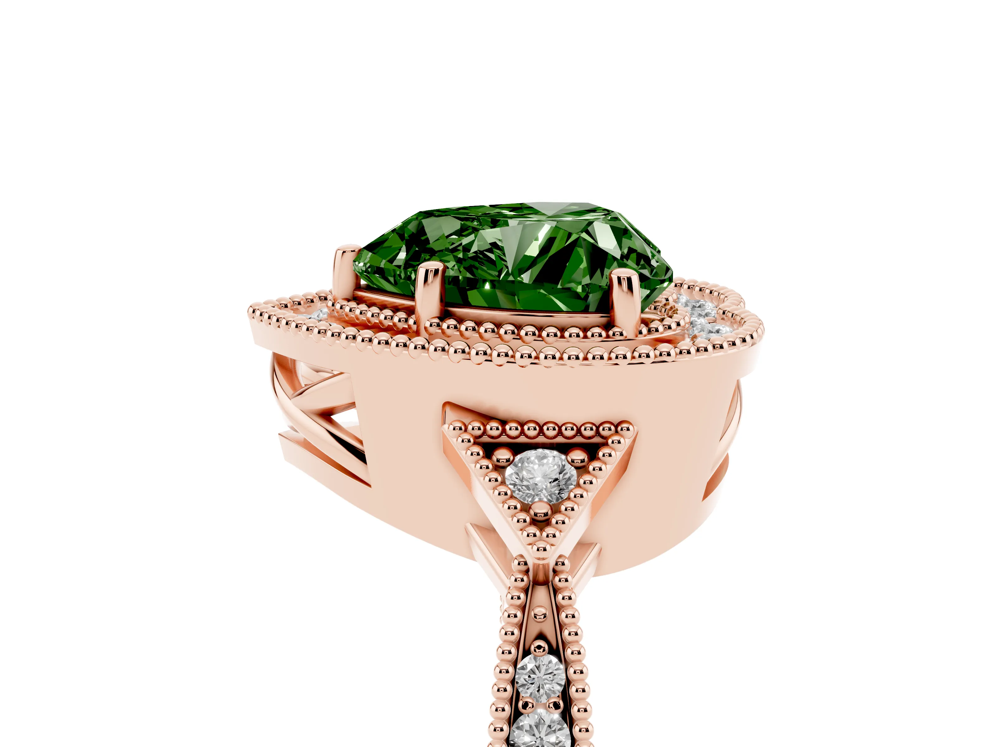Fancy Green Heart Cut Diamond Halo Engagement Ring Set in Rose gold with Milgrain Pavé Band