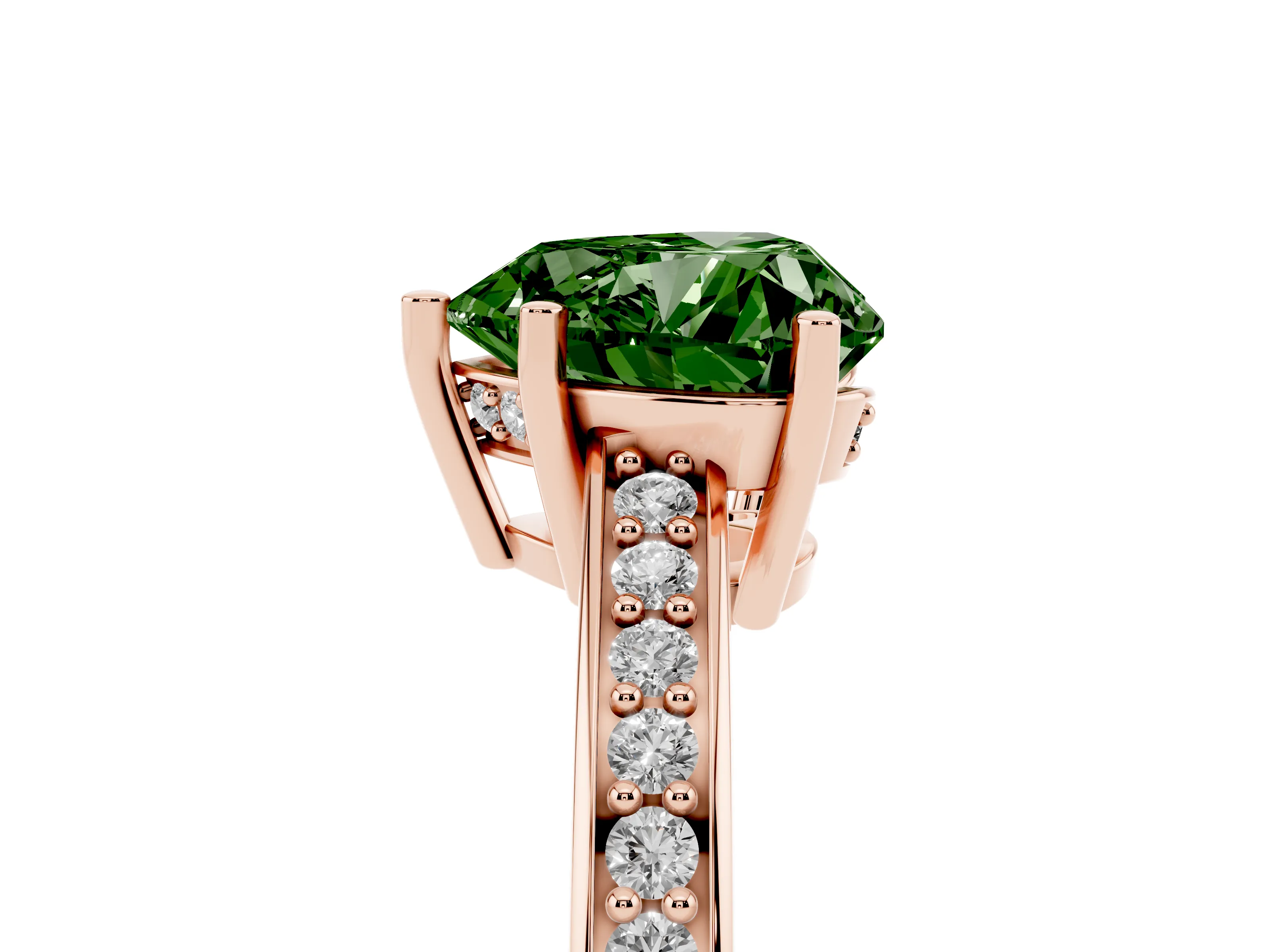 Fancy Green Heart Cut Diamond Pavé Band Prong Set Solitaire Ring Set in Rose gold
