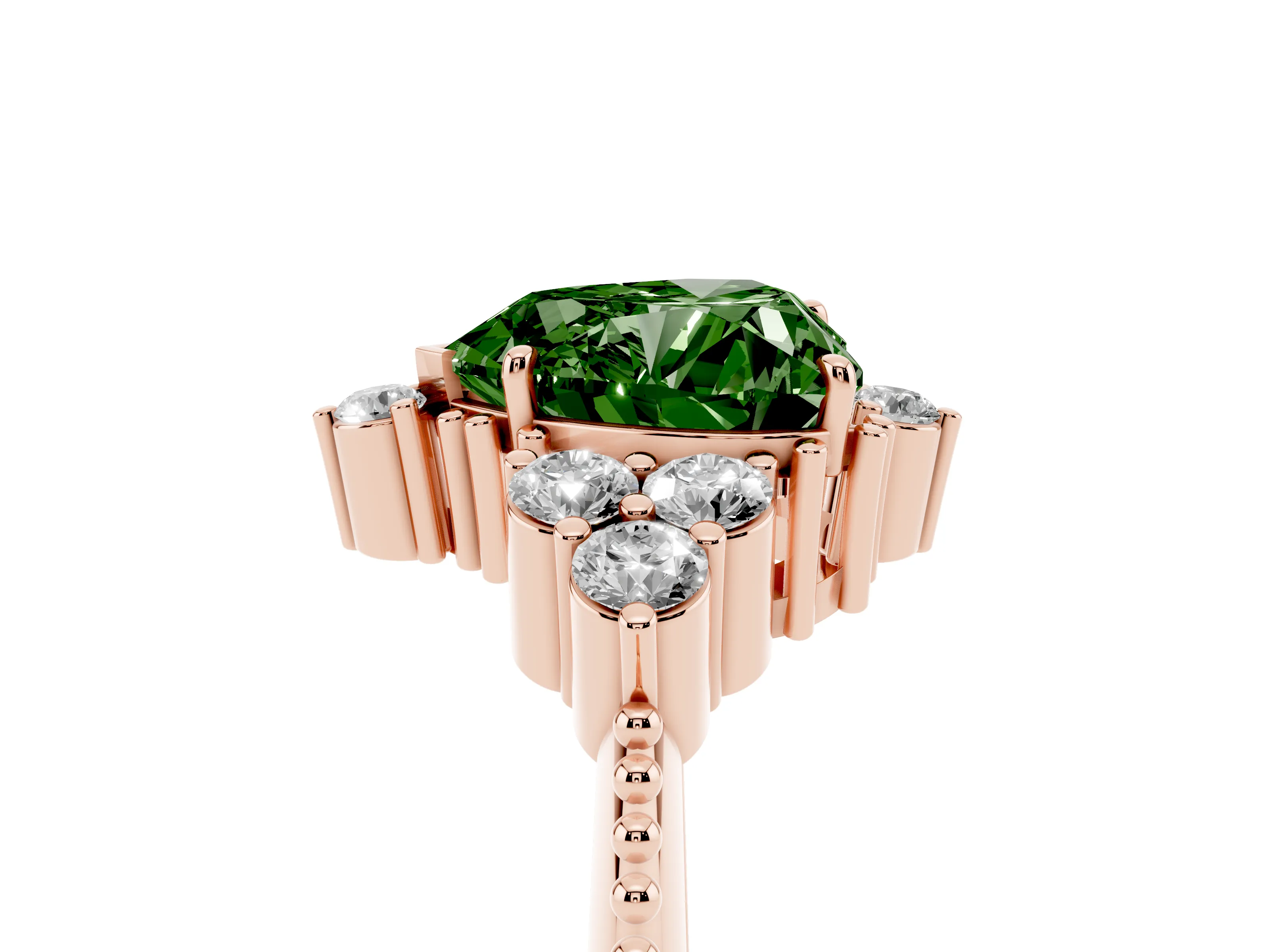 Fancy Green Heart Cut Diamond Cluster Ring Set in Rose gold with Beaded Band