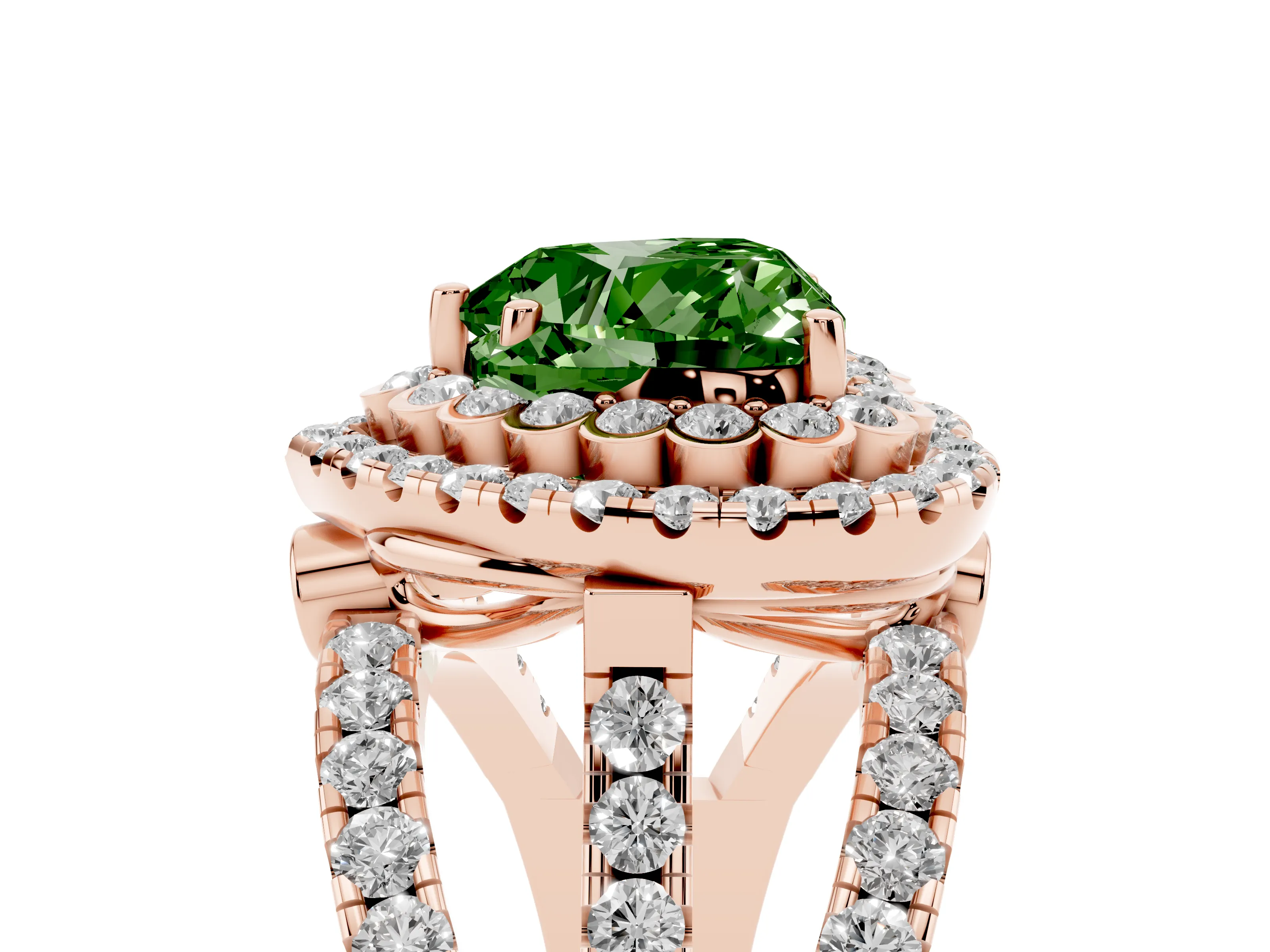 Fancy Green Heart Cut Diamond Double Halo Ring Set in Rose gold with Round Pavé Split Shank