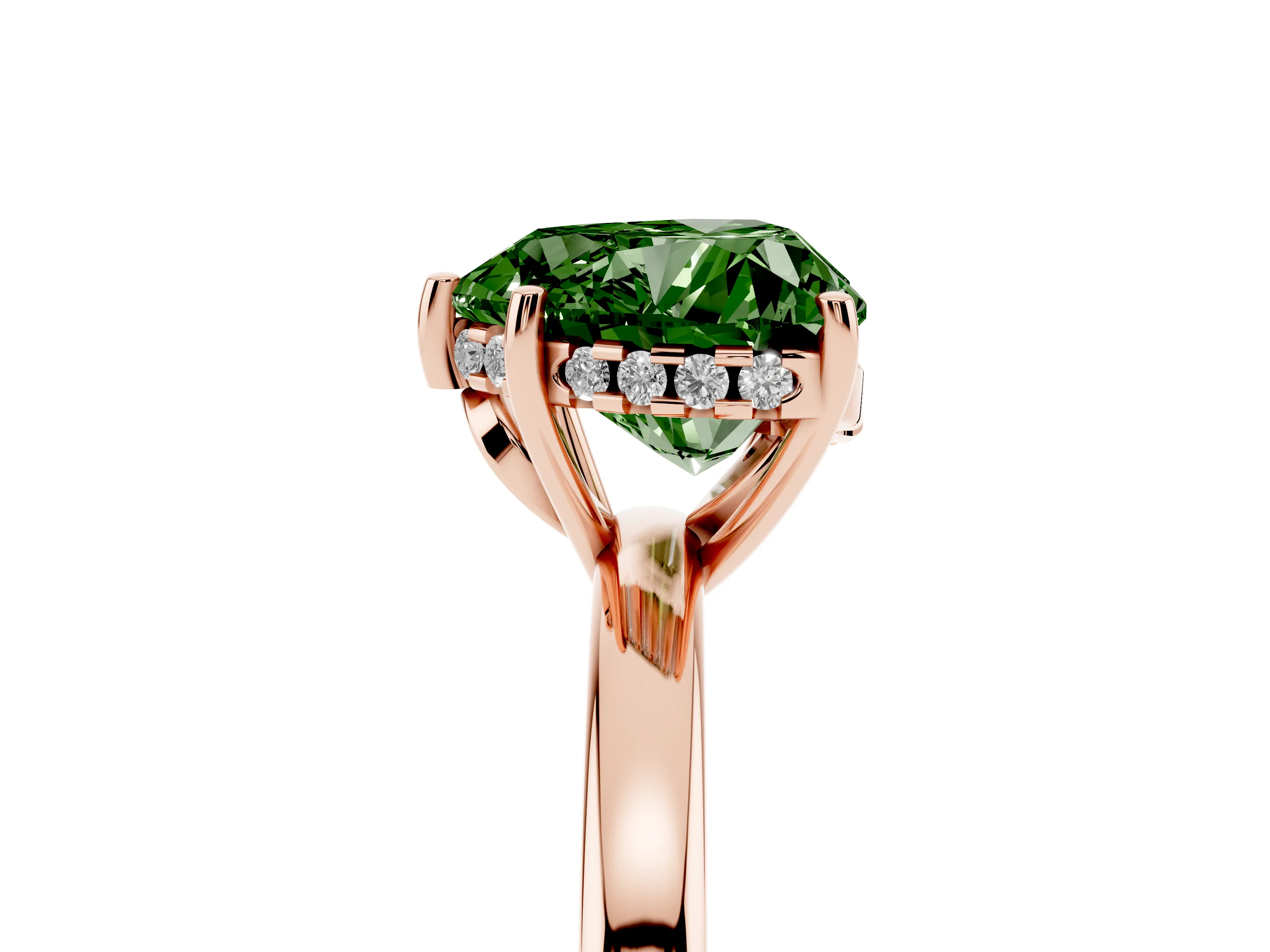Fancy Green Heart Cut Diamond Solitaire Ring Set in Rose gold with Plain Band and Prong Setting