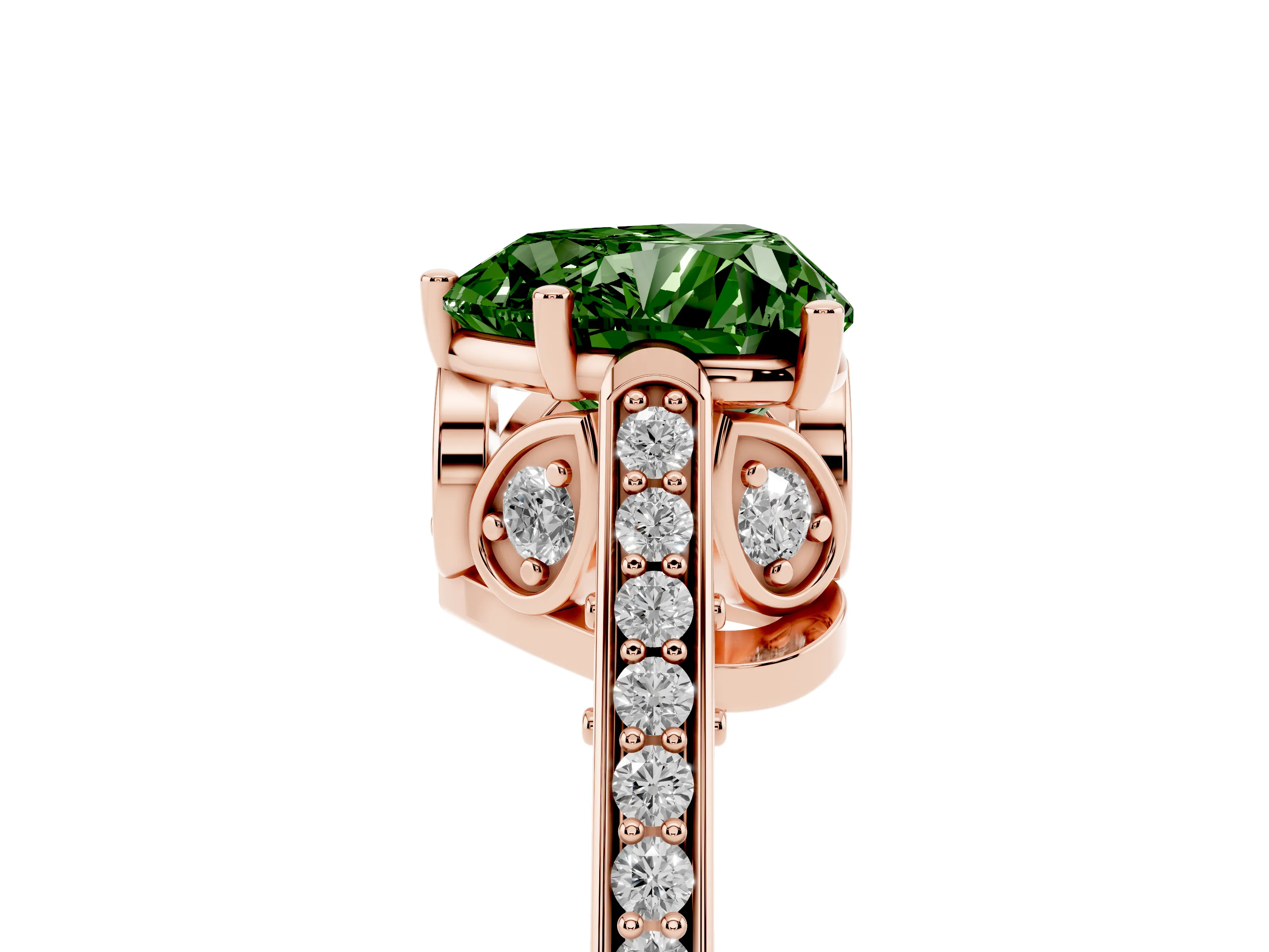 Fancy Green Heart Cut Diamond Cathedral Pavé Engagement Ring Set in Rose gold with Prong Setting