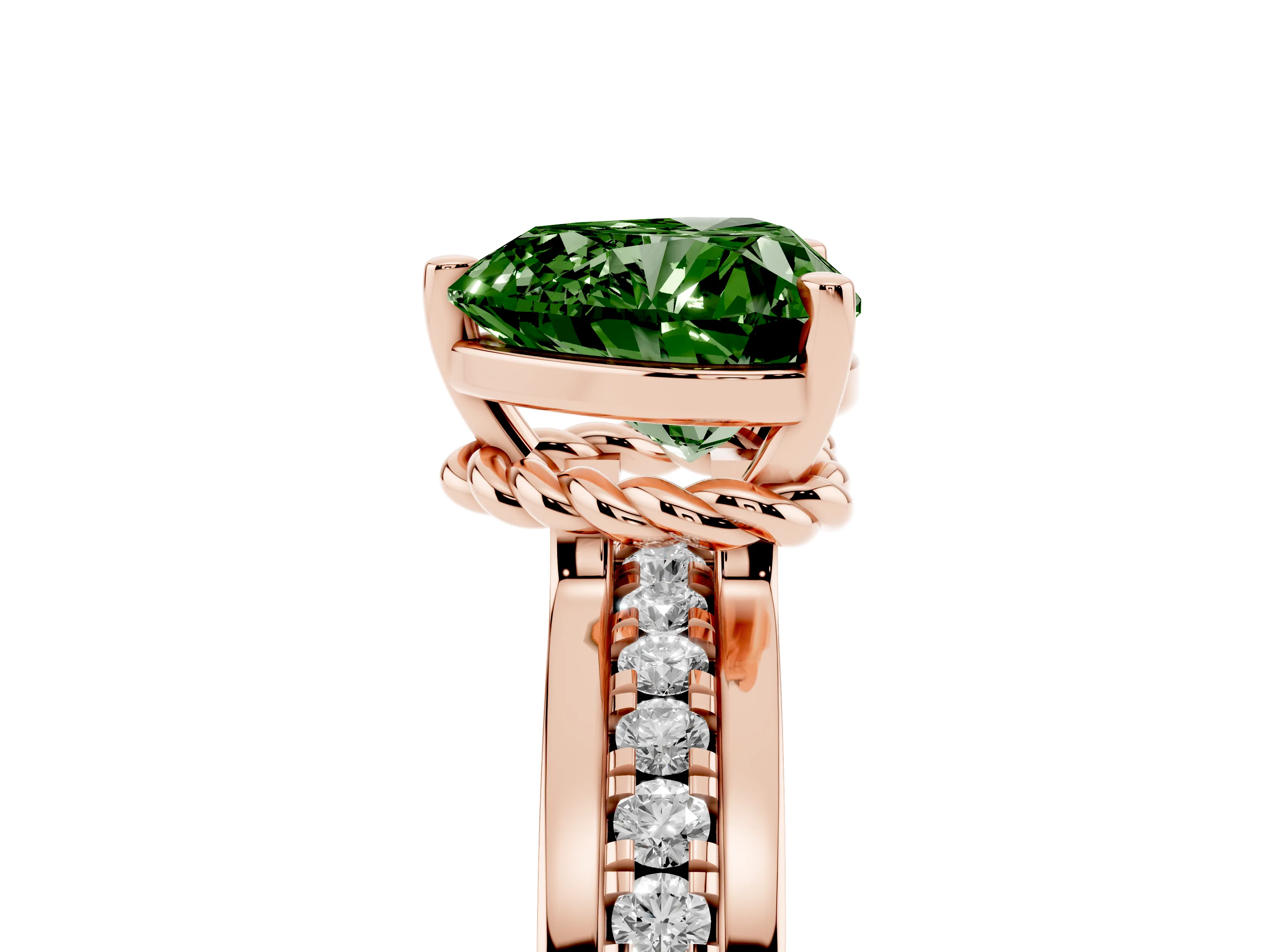 Fancy Green Heart Cut Diamond Solitaire Ring Set in Rose gold with Channel Set Band and Prong Setting