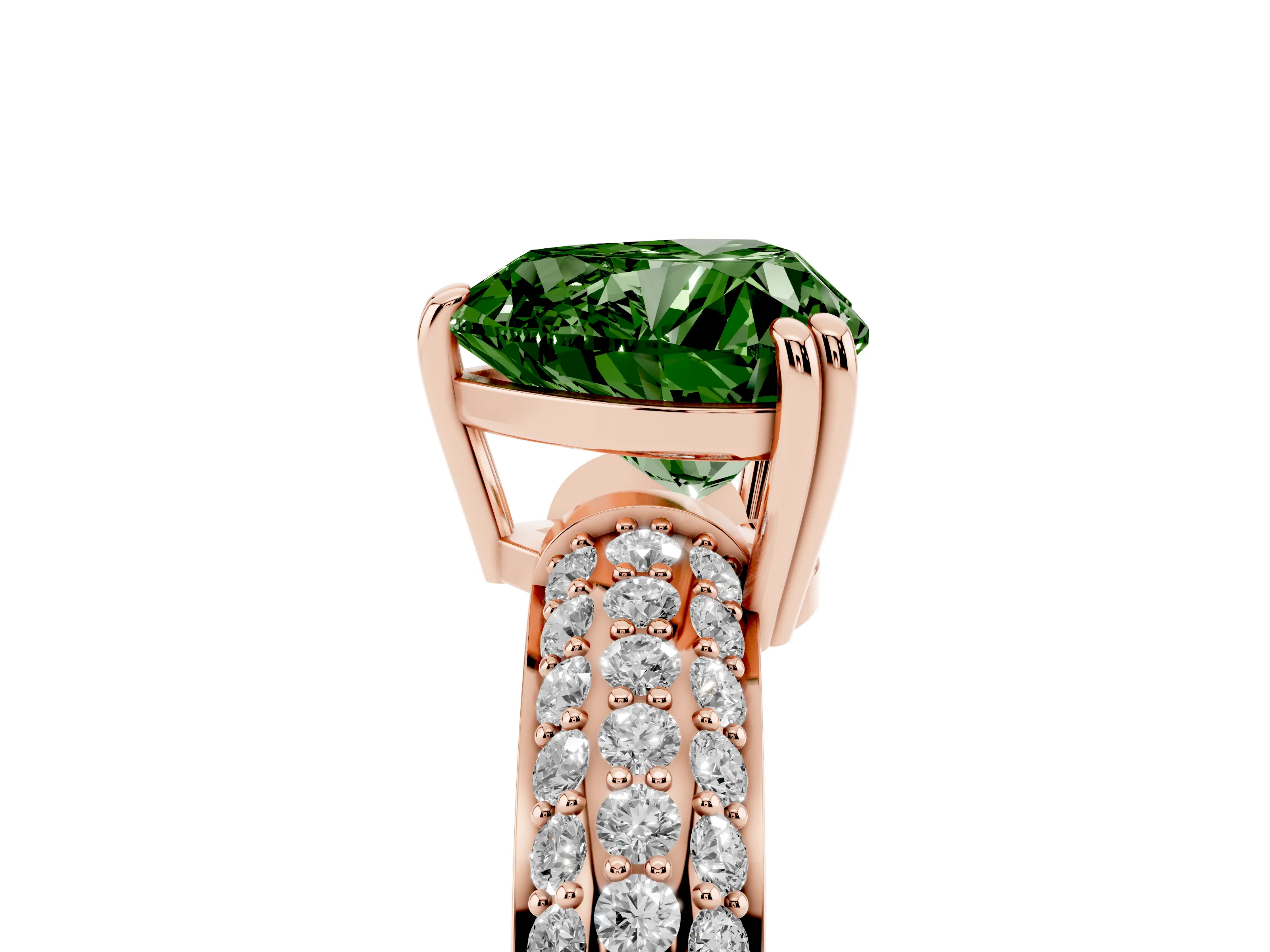 Fancy Green Heart Cut Diamond Solitaire Ring Set in Rose gold with Multi-Row Round Pavé Band and Prong Setting