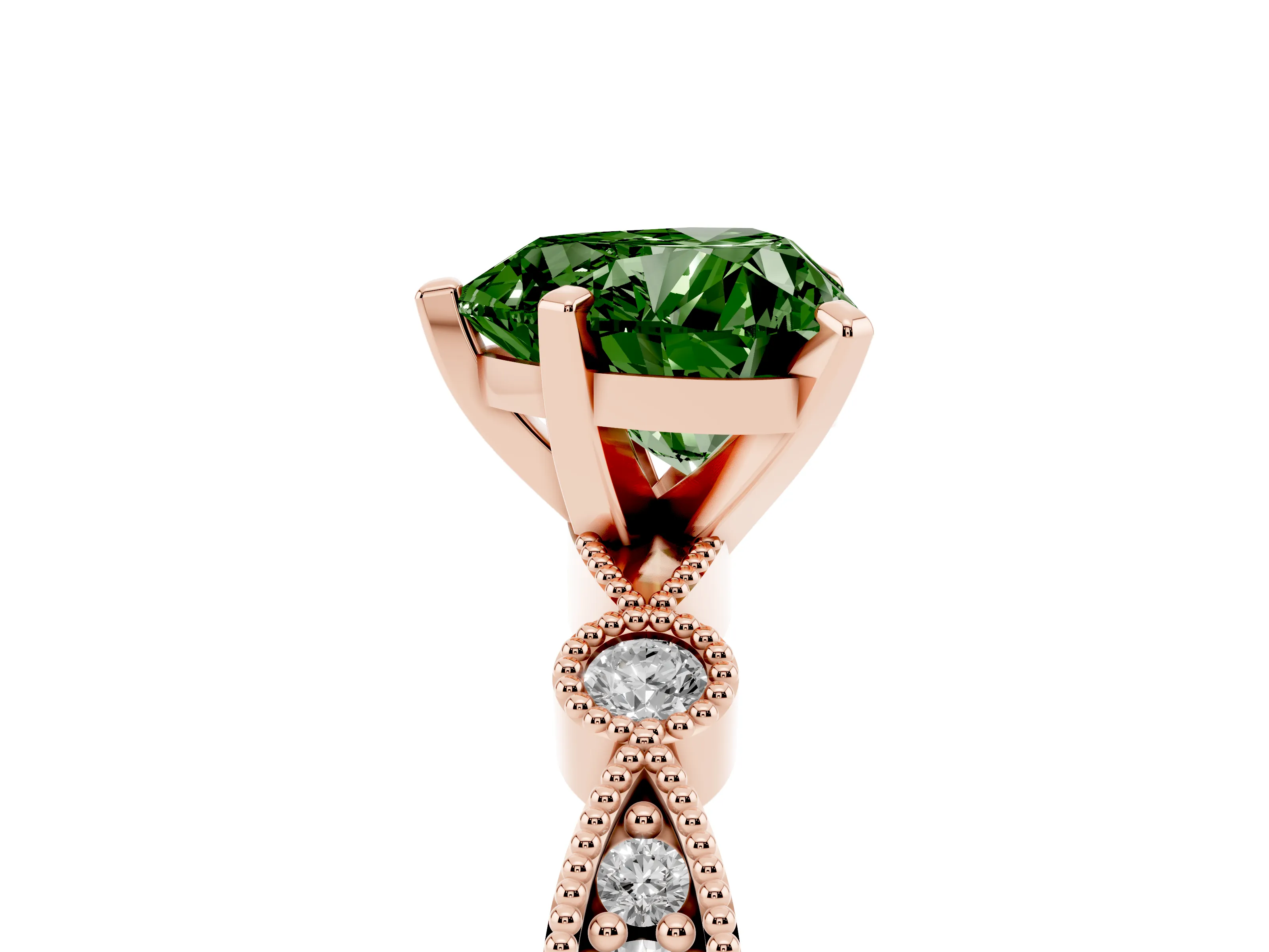 Fancy Green Heart Cut Diamond Solitaire Engagement Ring Set in Rose gold with Milgrain Bezel Accent Band