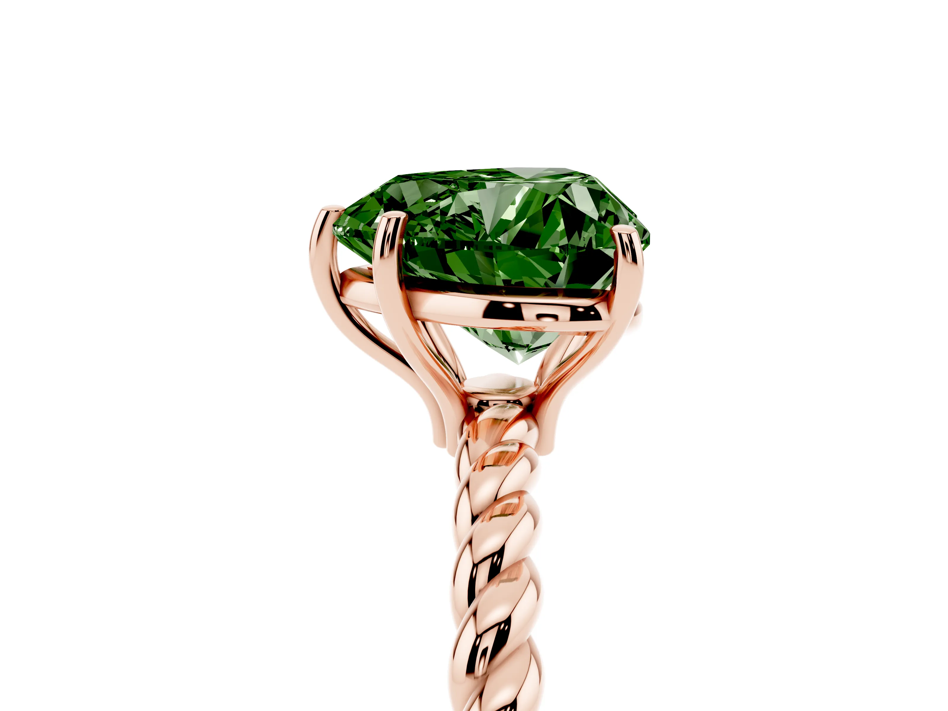Fancy Green Heart Cut Diamond Solitaire Ring Set in Rose gold with Twist Band and Prong Setting