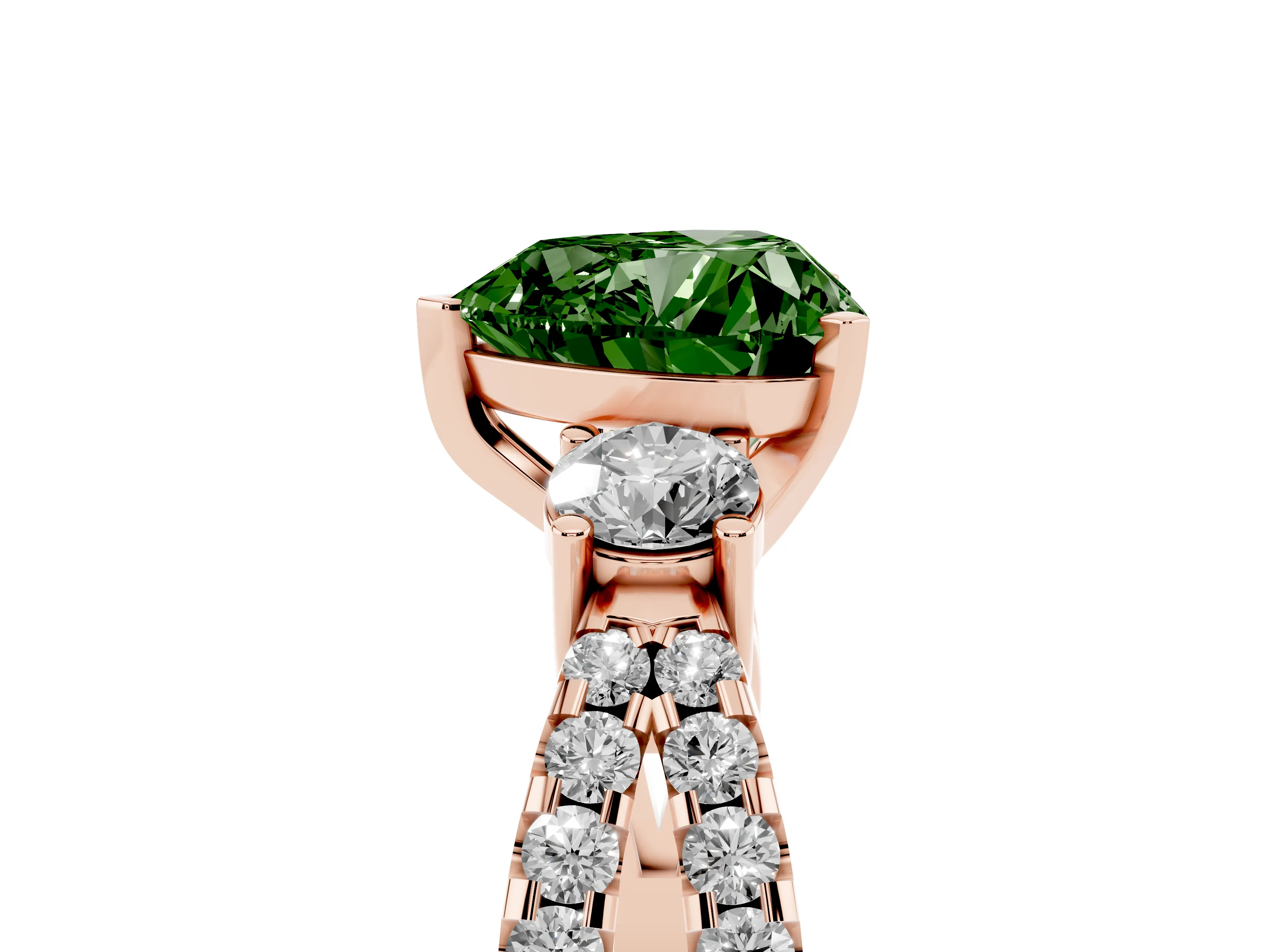 Fancy Green Heart Cut Diamond Three-Stone Ring Set in Rose gold with Pavé Split Shank and Prong Setting