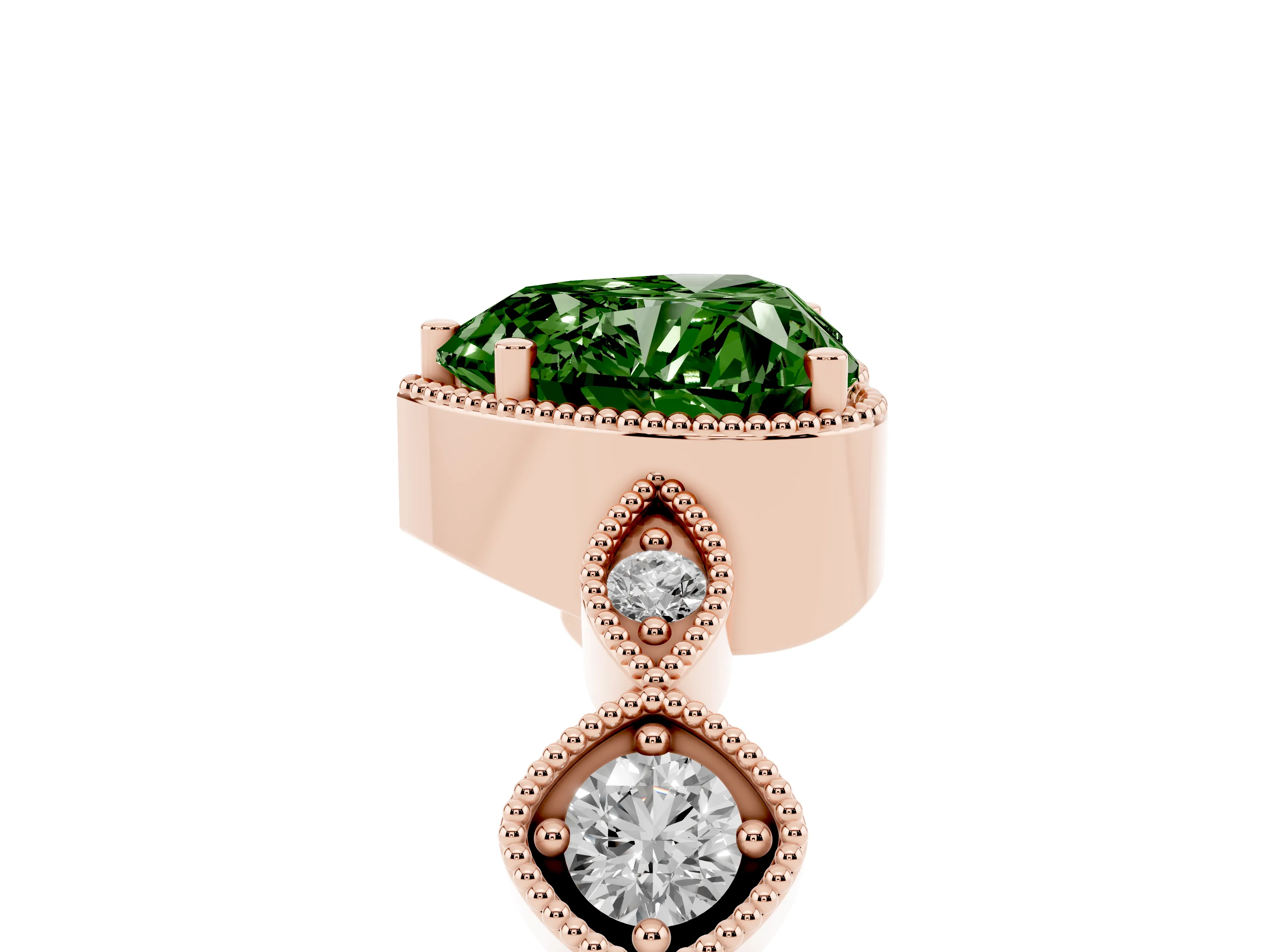 Fancy Green Heart Cut Diamond Vintage-Inspired Milgrain Ring Set in Rose gold with Marquise Stations of Round Accents