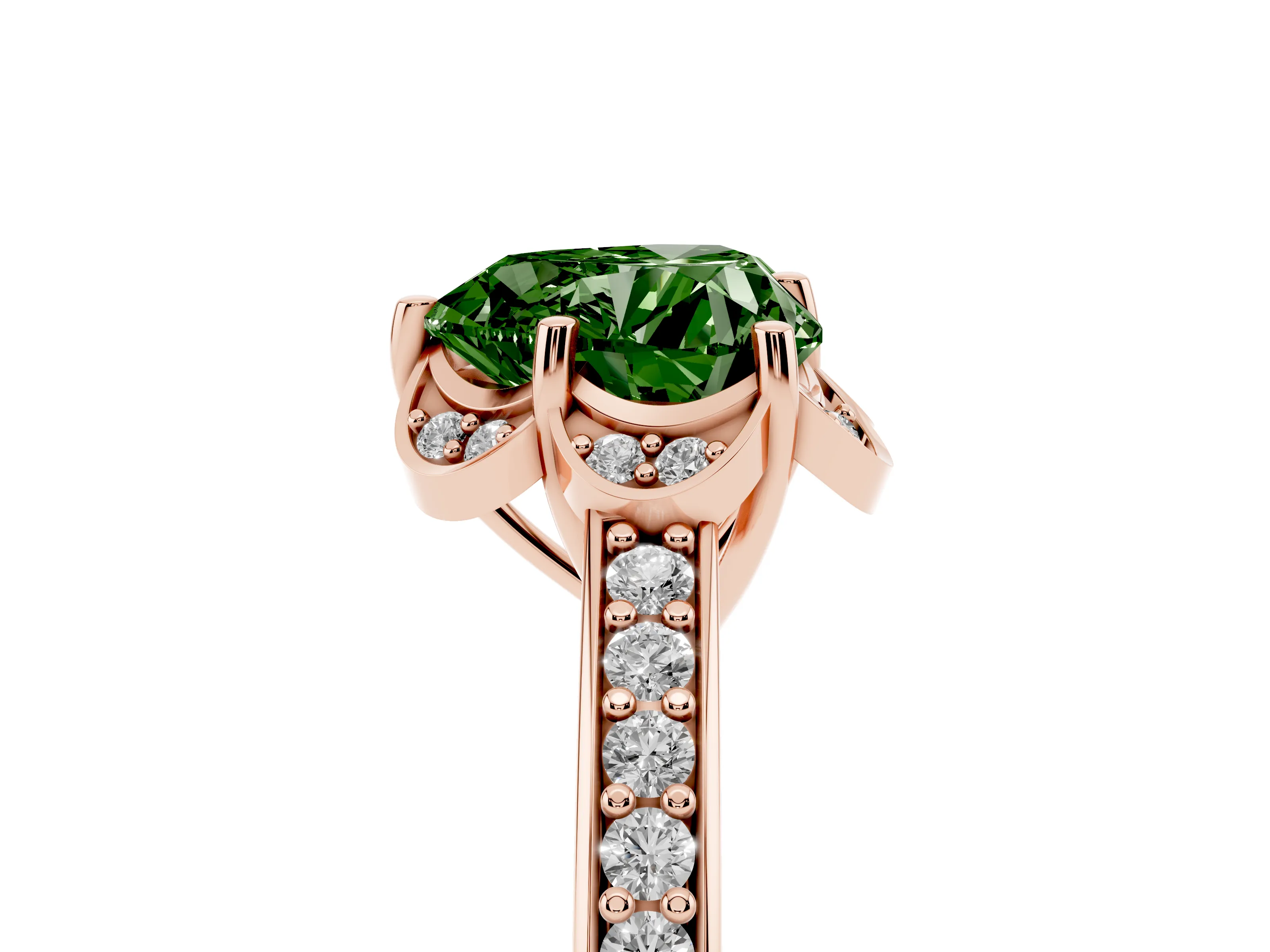 Fancy Green Heart Cut Diamond Halo Ring Set in Rose gold with Channel Set Band and Prong Setting