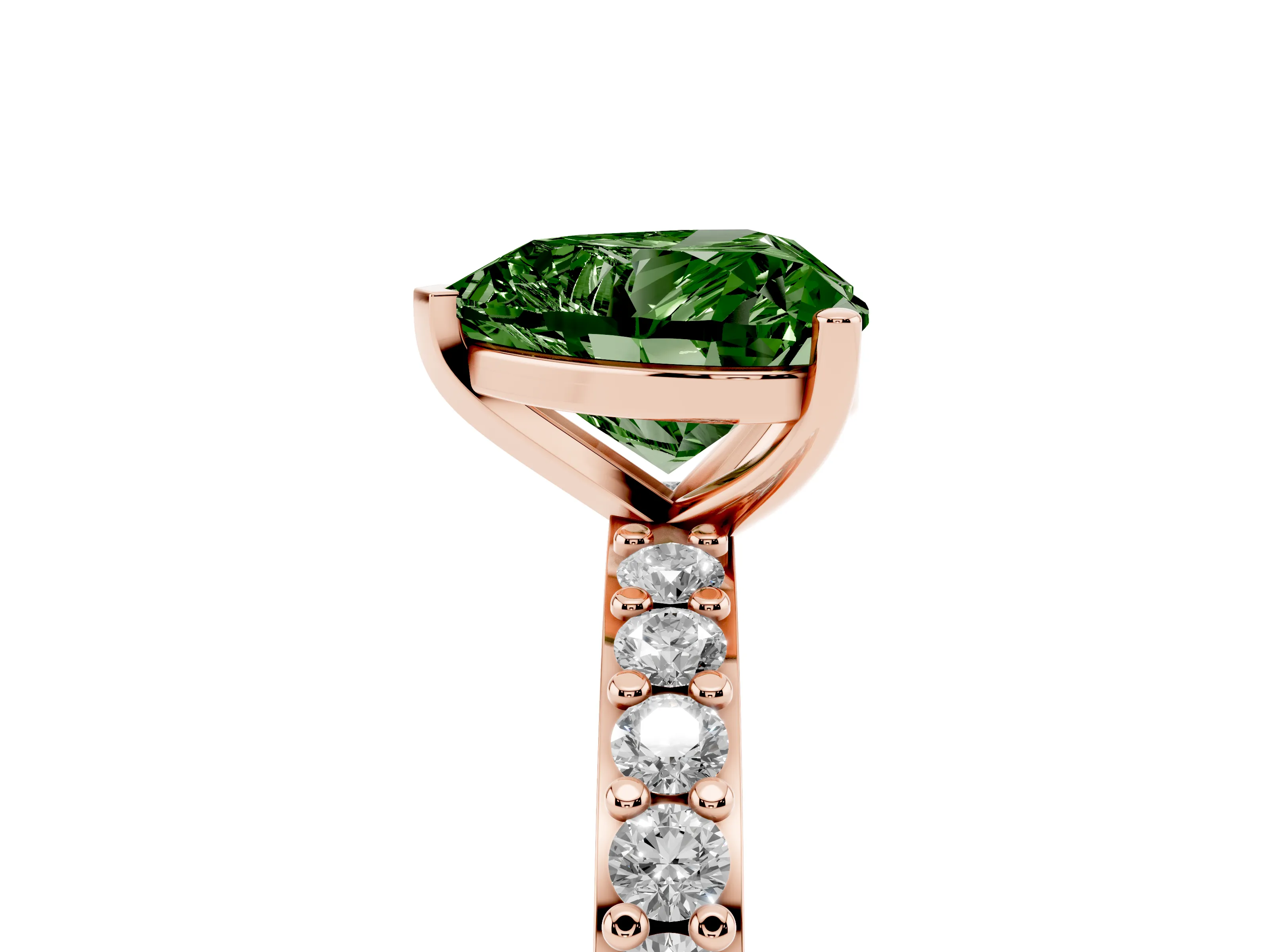 Fancy Green Heart Cut Diamond Solitaire Set in Rose gold with Round Pavé Band and Prong Setting
