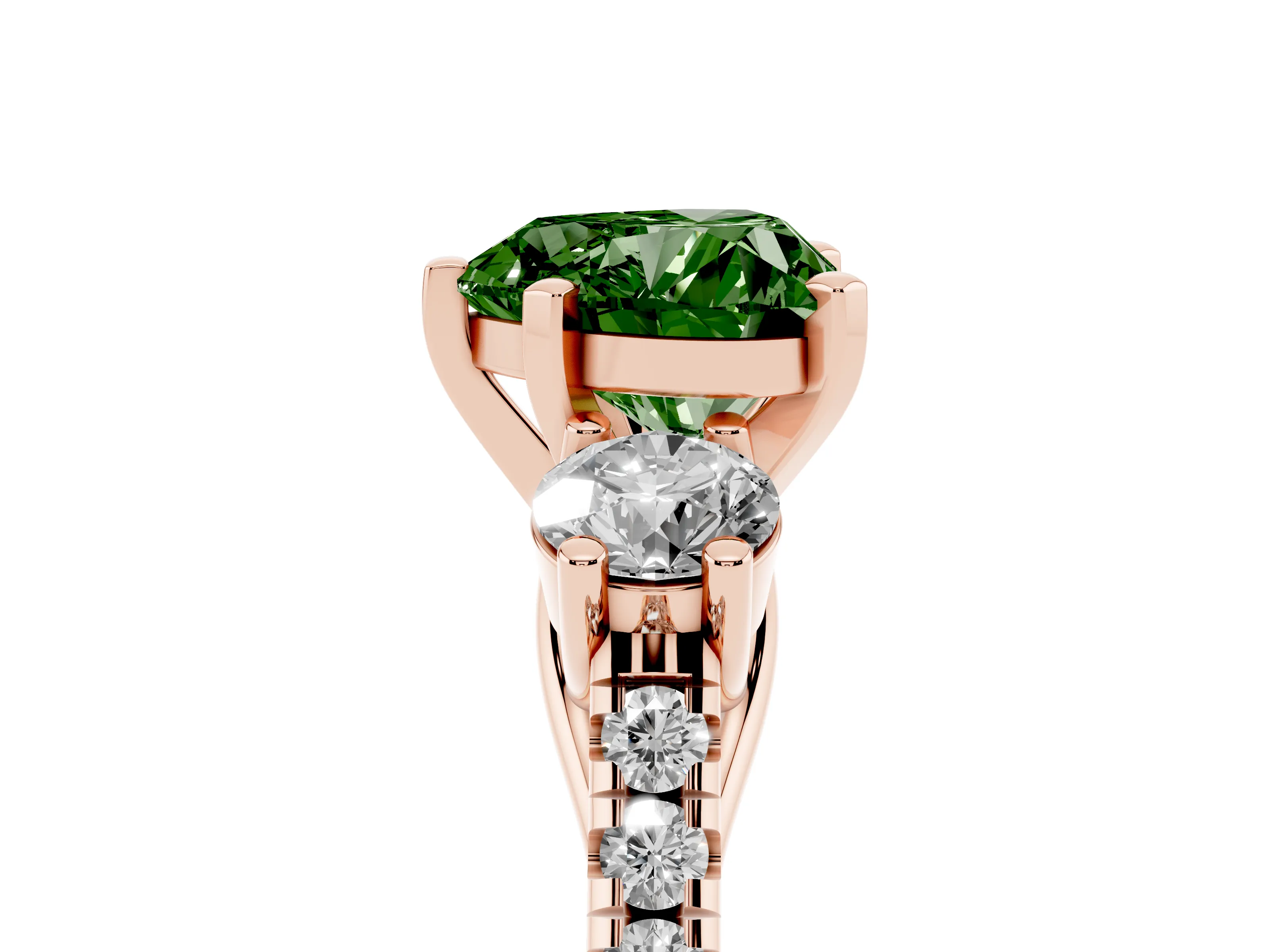 Fancy Green Three-Stone Heart Cut Diamond Pavé Band Ring Set in Rose gold with Prong-Set Trio