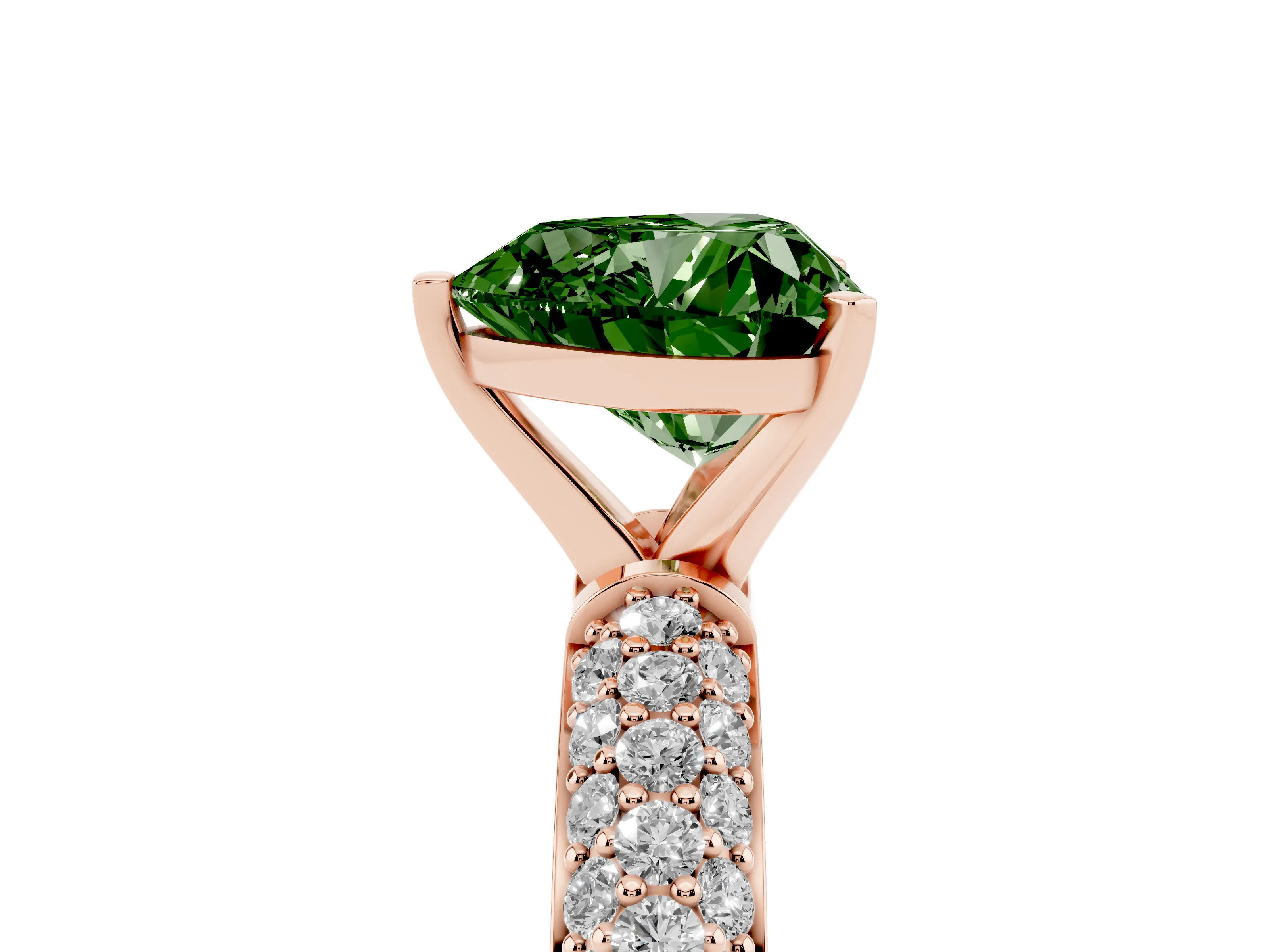 Fancy Green Heart Cut Diamond Solitaire Ring Set in Rose gold with Prong Setting and Pavé-Set Band