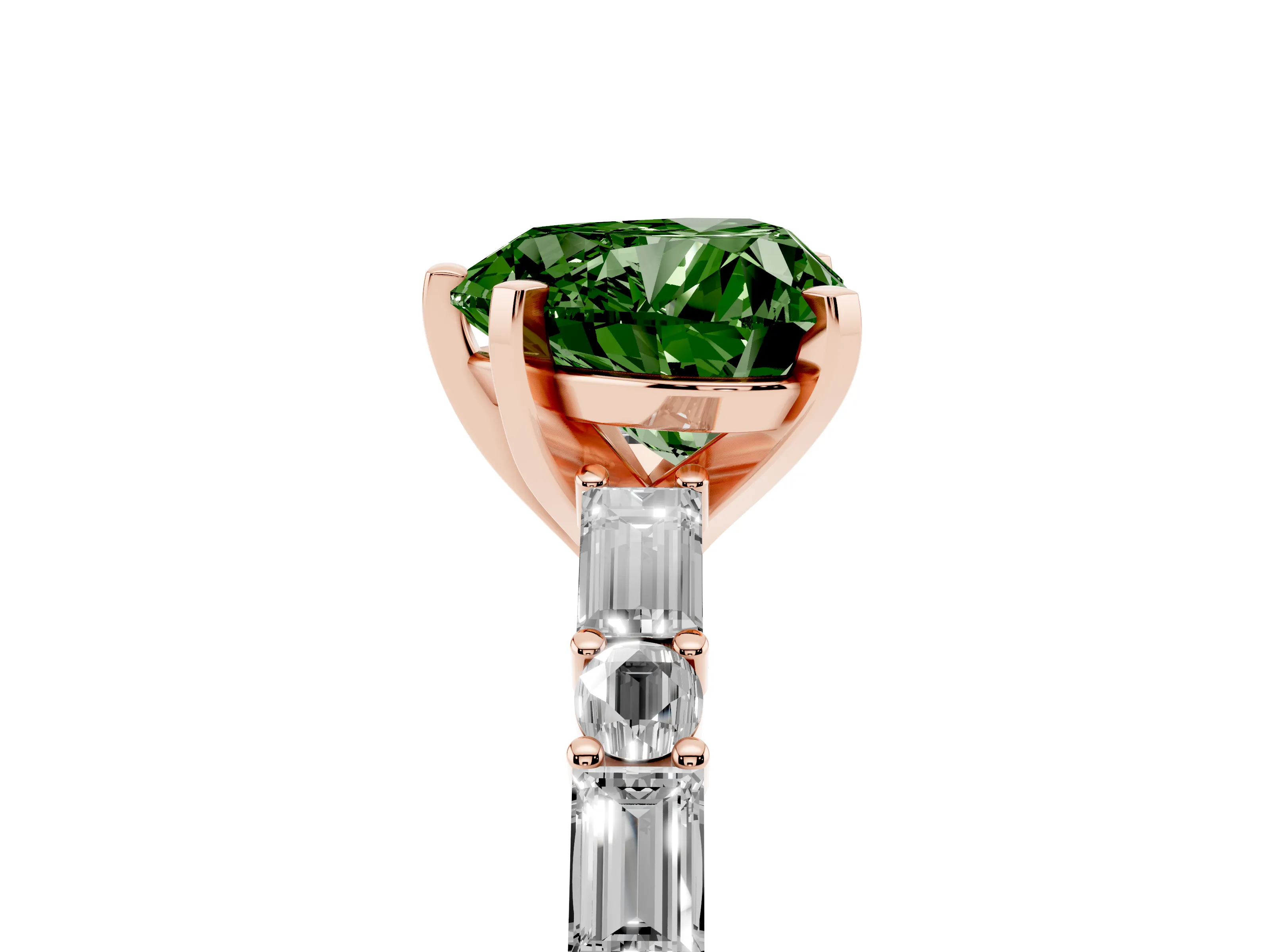 Fancy Green Heart Cut Diamond Solitaire Set in Rose gold with Side Baguettes and Channel Set Band