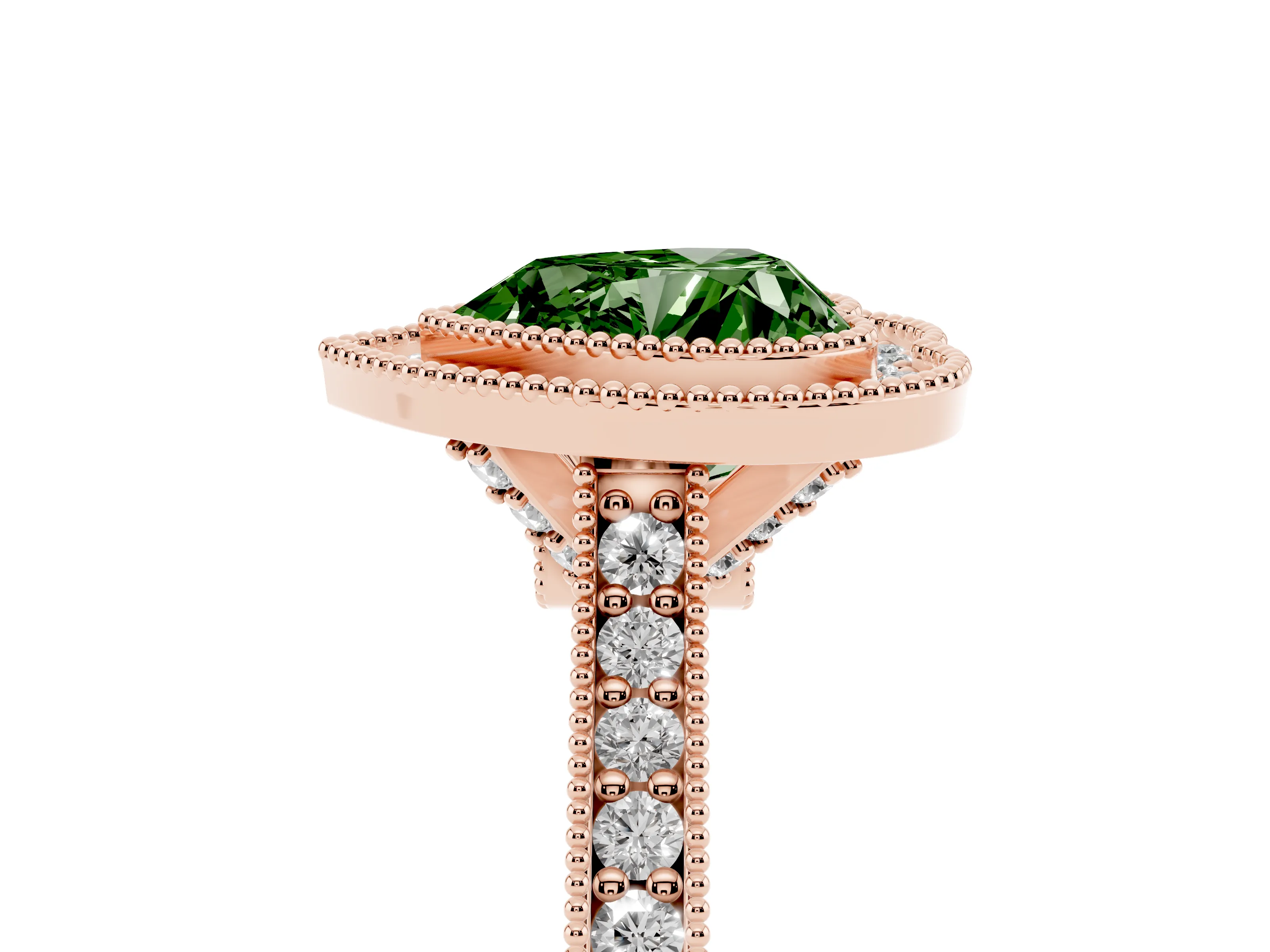 Fancy Green Heart Cut Diamond Halo Milgrain Pavé Band Ring Set in Rose gold with Prong Setting