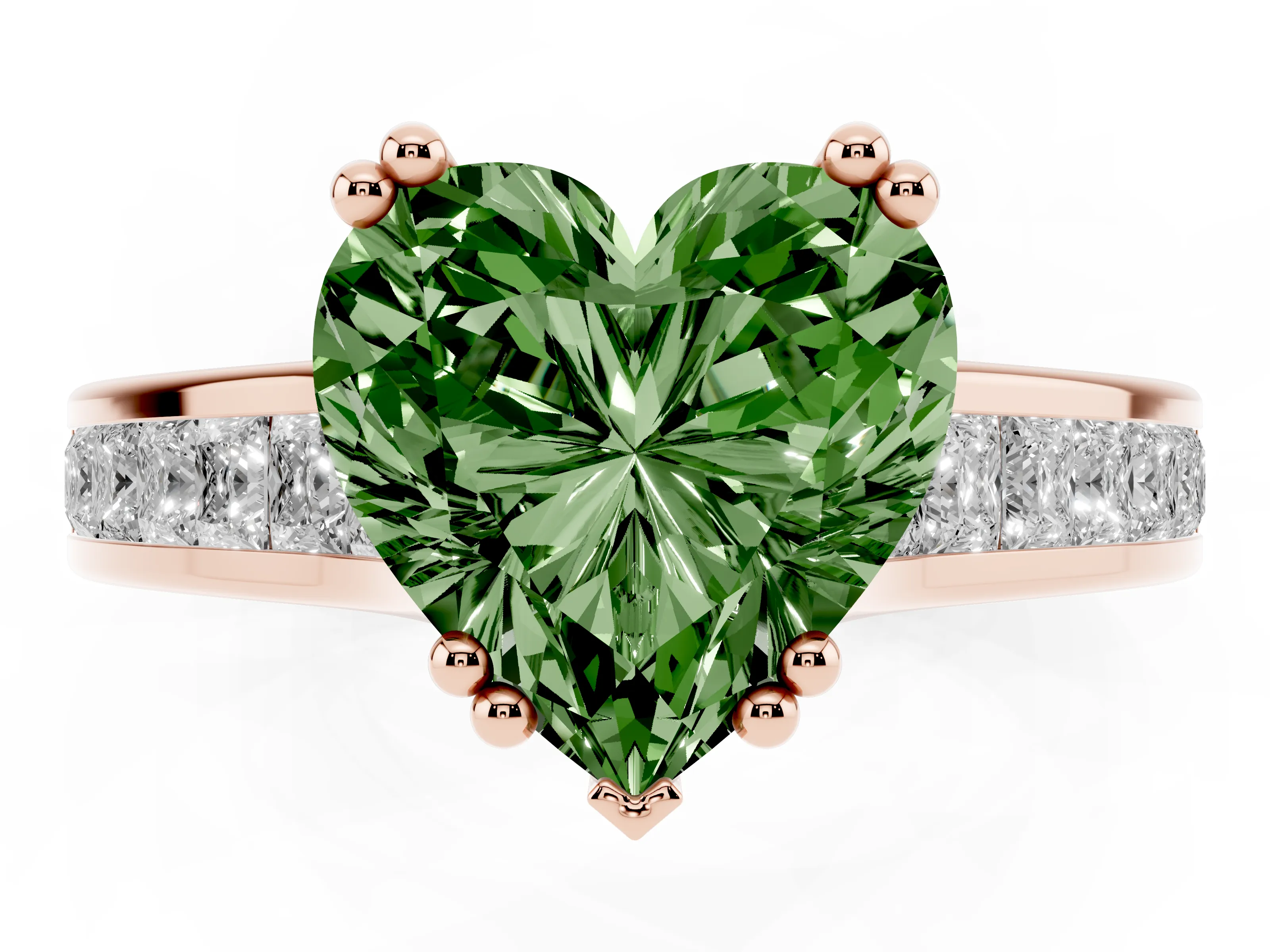 Fancy Green Heart Cut Diamond Channel Set Solitaire Engagement Ring Set in Rose gold with Prong Setting