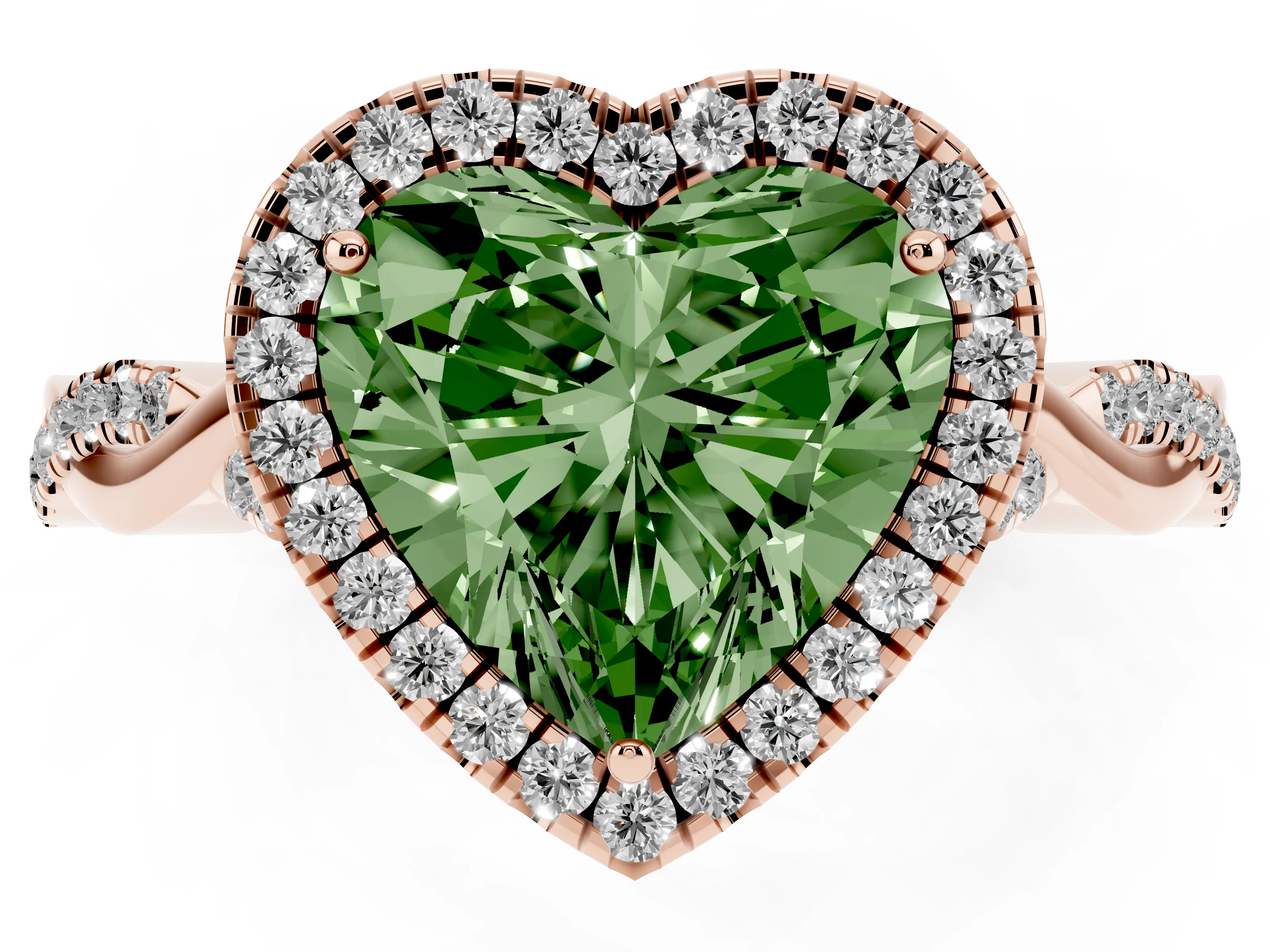 Fancy Green Heart Cut Diamond Halo Twist Band Solitaire Ring Set in Rose gold with Prong Setting