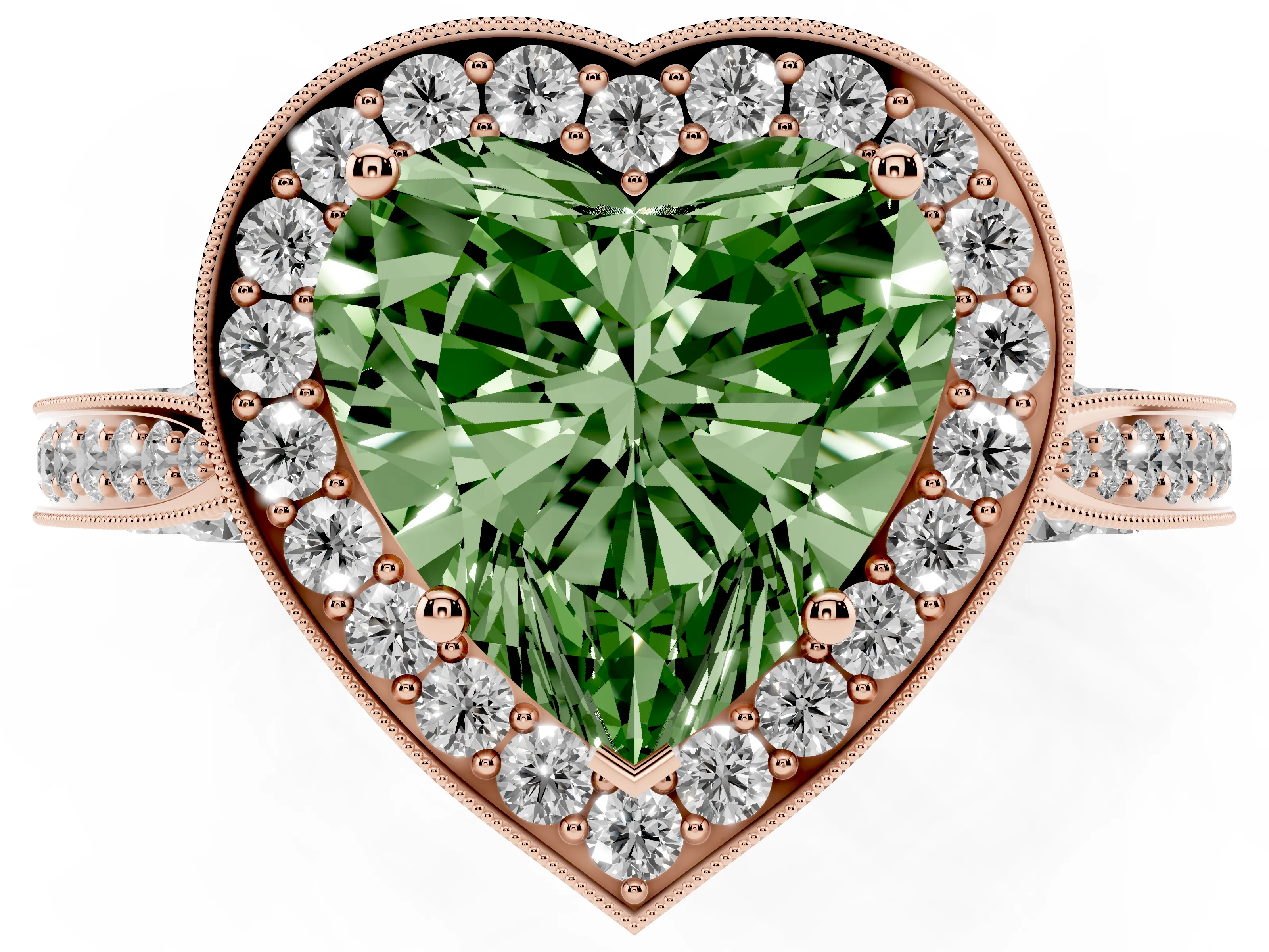 Fancy Green Heart Cut Diamond Halo Engagement Ring Set in Rose gold with Accent Split Shank Band