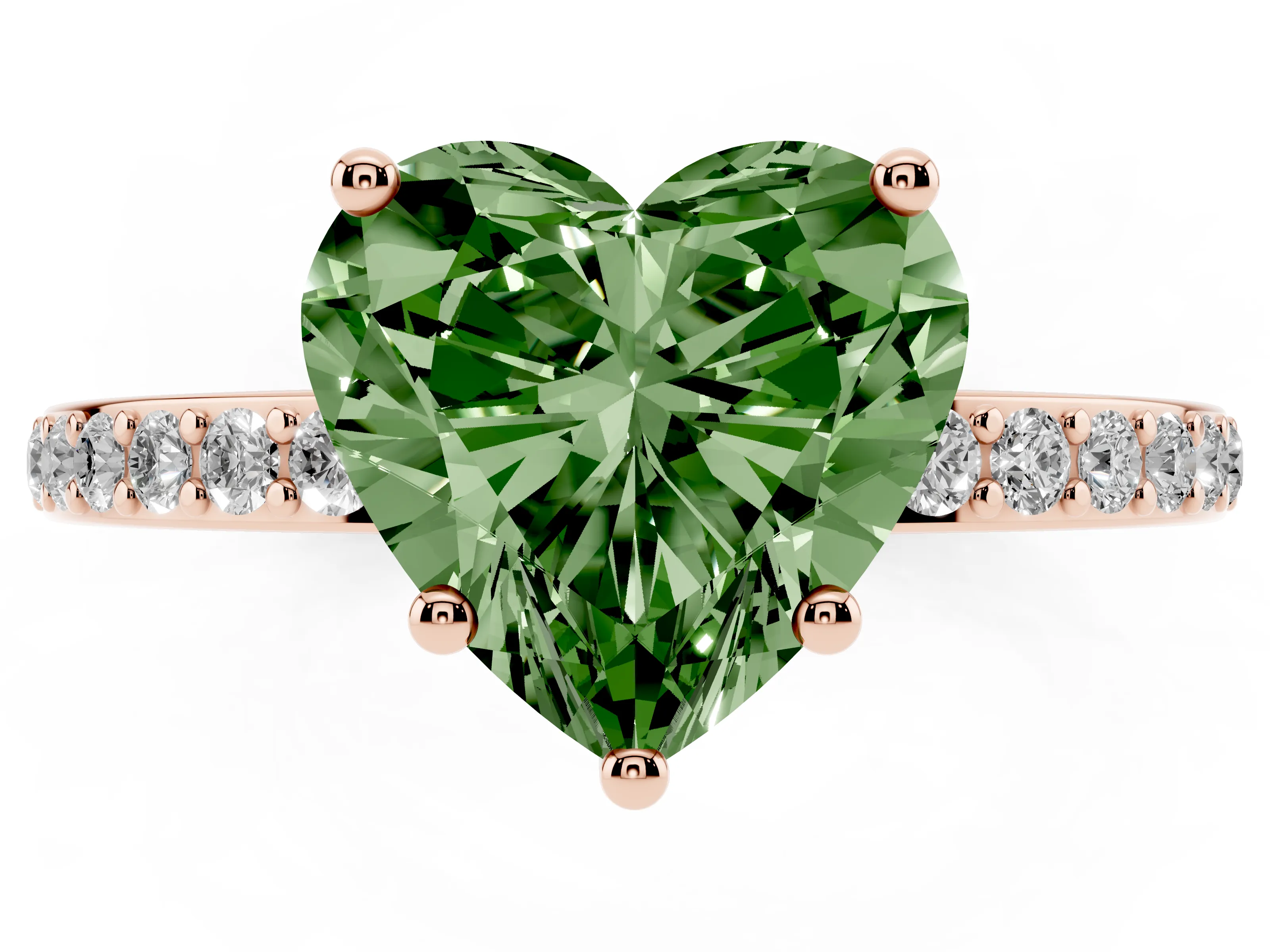 Fancy Green Heart Cut Diamond Pavé Band Ring Set in Rose gold with Prong-Set Center Stone
