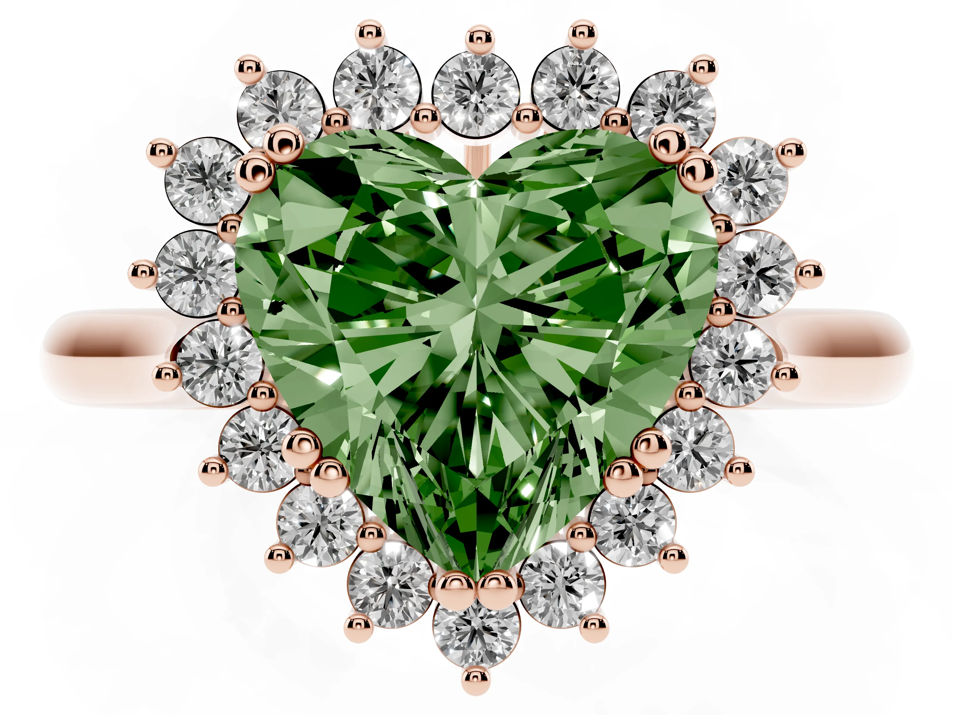 Fancy Green Heart Cut Diamond Halo Ring Set in Rose gold with Plain Solitaire Band and Prong Setting