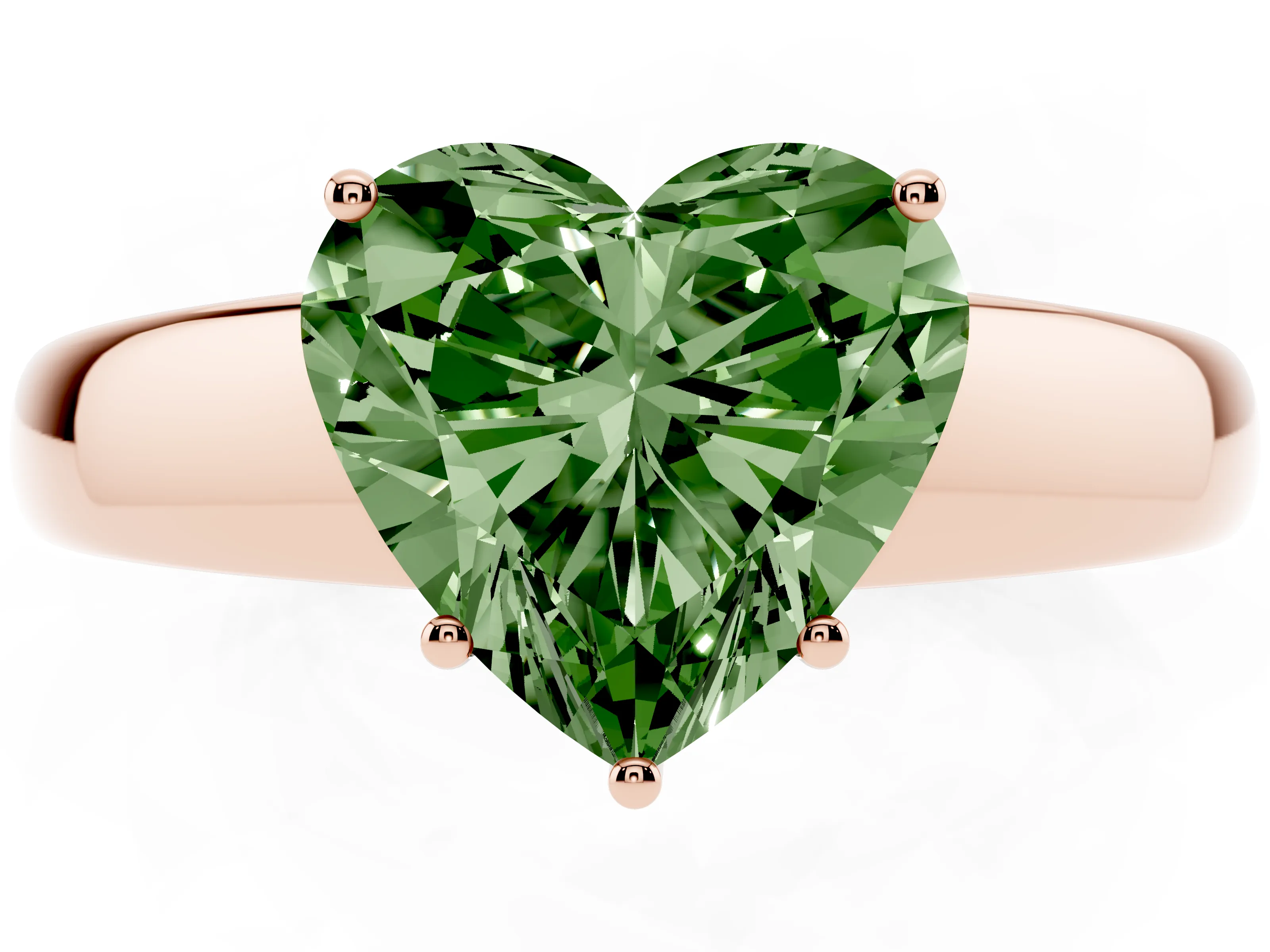 Fancy Green Heart Cut Diamond Solitaire Ring Set in Rose gold with Tapered Band and Prong Setting