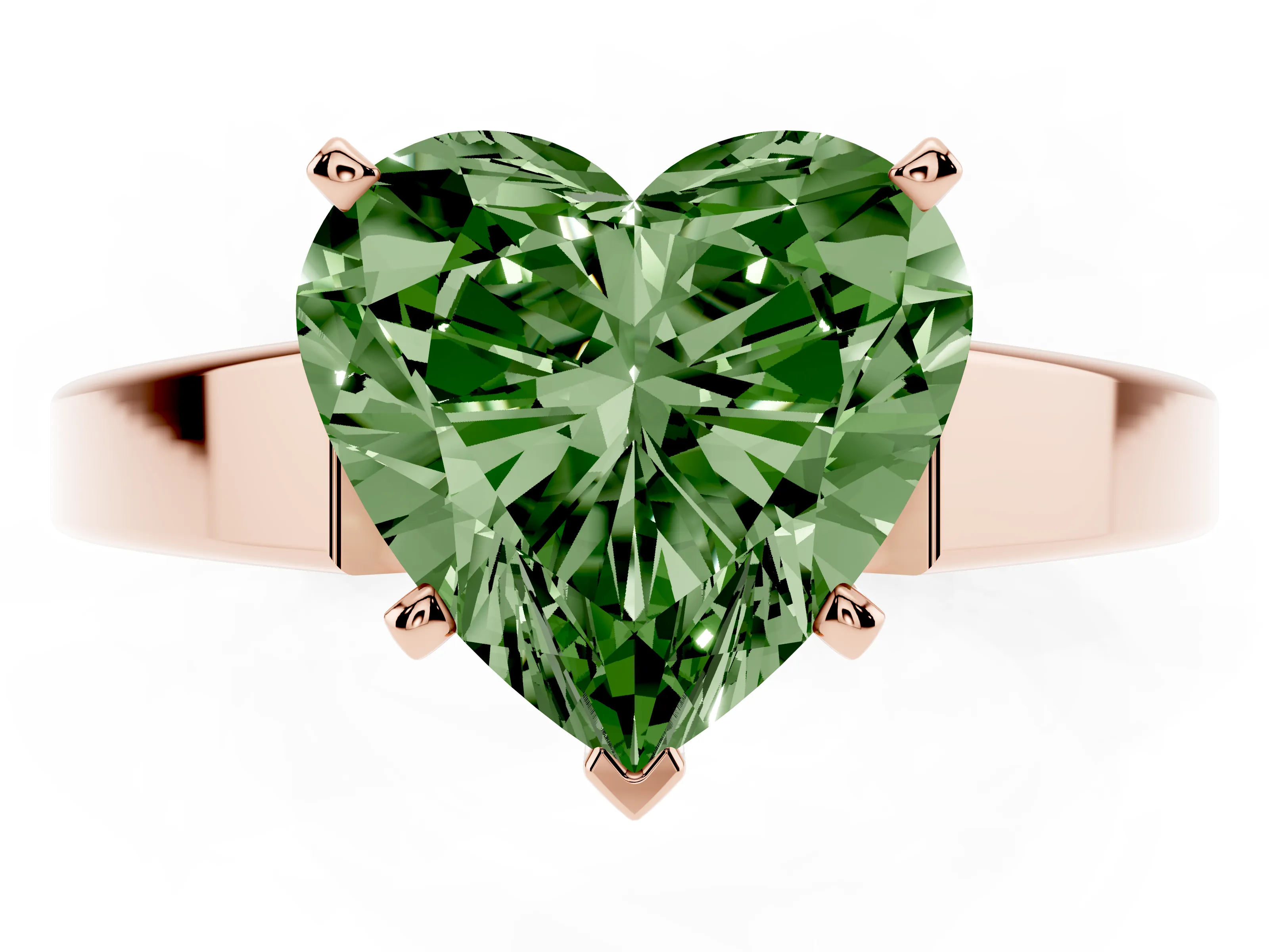 Fancy Green Heart Cut Diamond Solitaire Engagement Ring Set in Rose gold with Prong Setting and Tapered Band