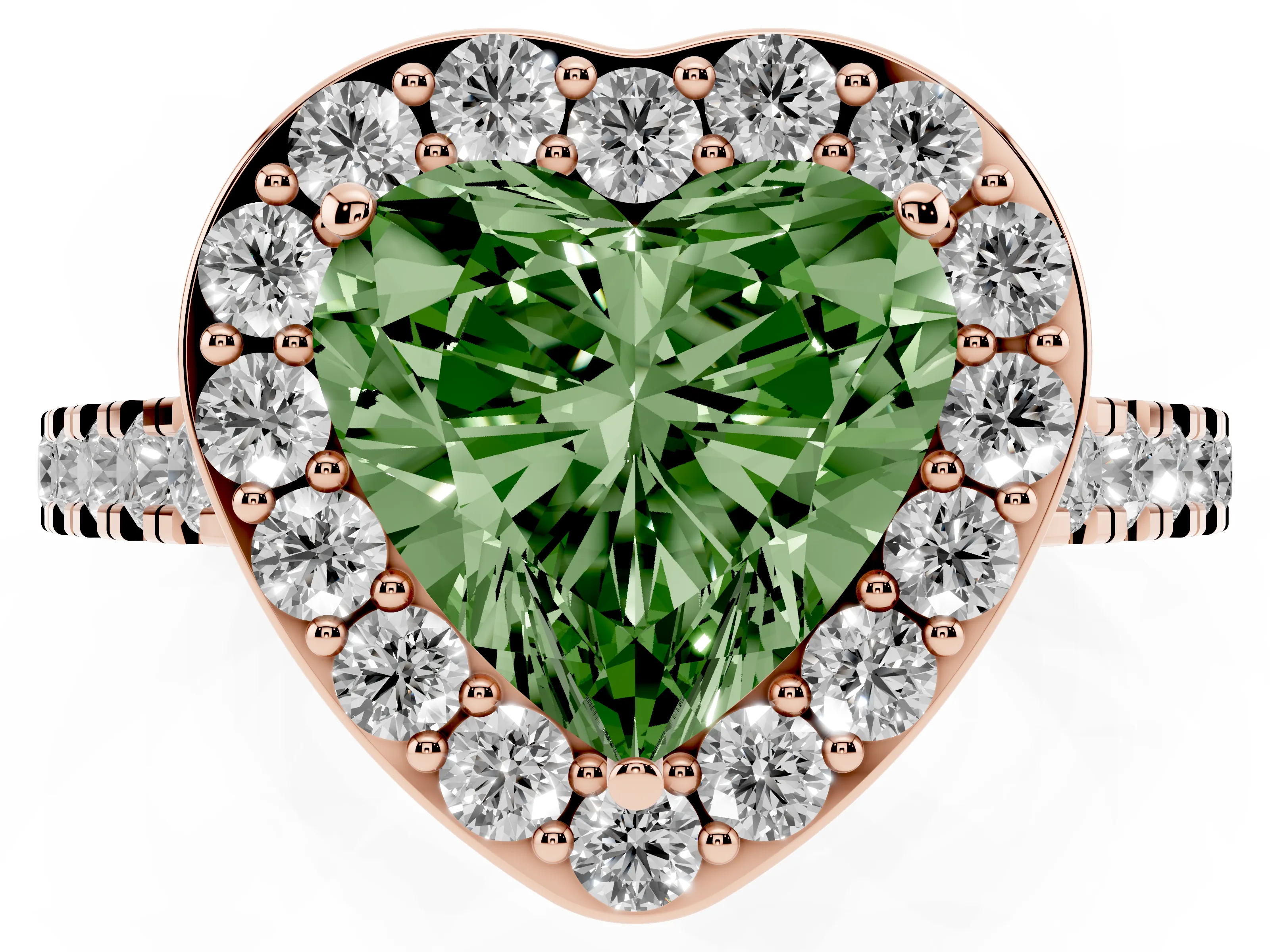 Fancy Green Heart Cut Diamond Halo Ring Set in Rose gold with Round Pavé Split Shank and Prong Setting