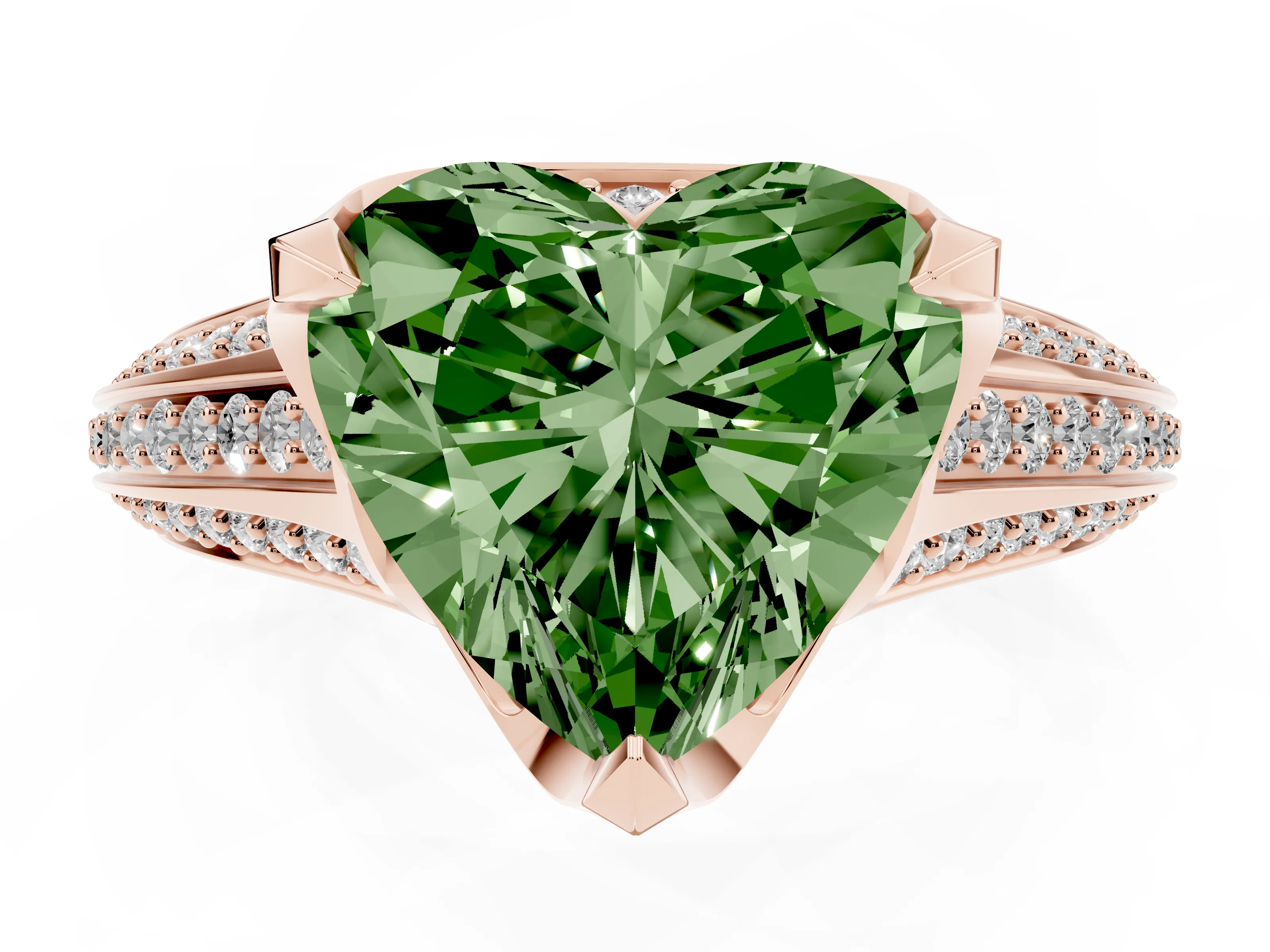 Fancy Green Heart Cut Diamond Pavé Split Shank Solitaire Ring Set in Rose gold with Prong Setting