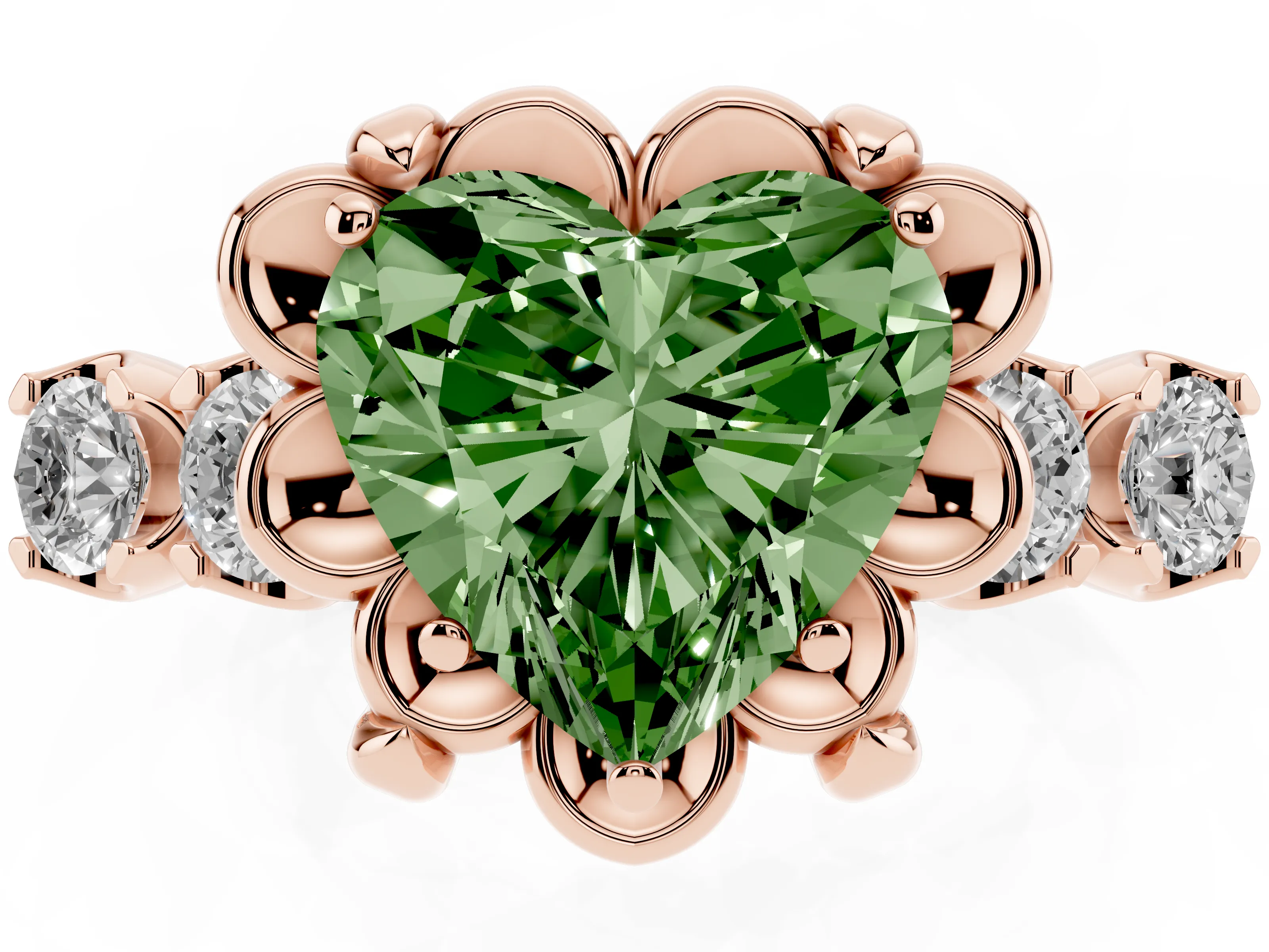 Fancy Green Heart Cut Diamond Floral Halo Ring Set in Rose gold with Shared Prong Band