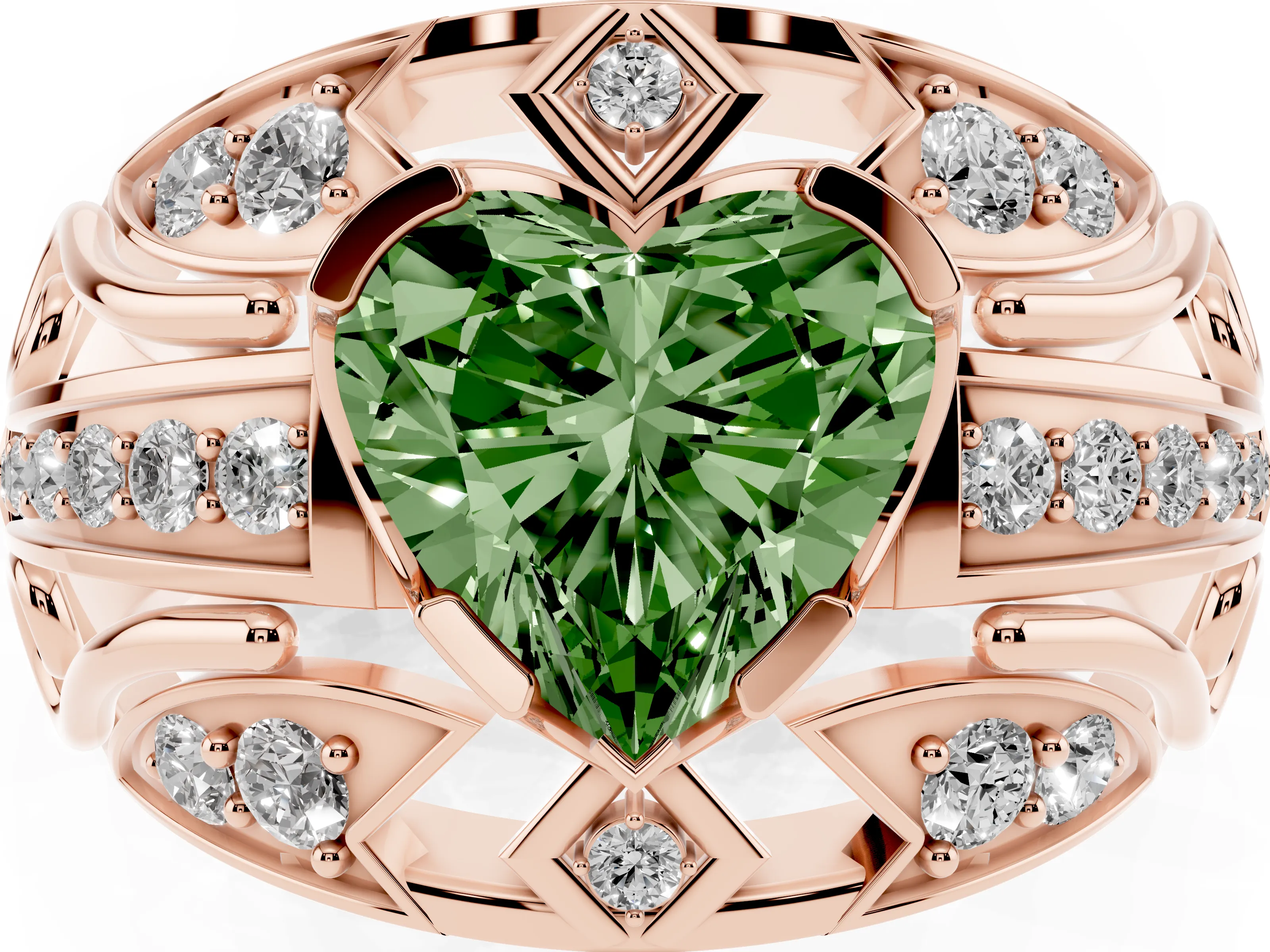 Fancy Green Heart Cut Diamond Art Deco Ring Set in Rose gold with Pavé Split Shank