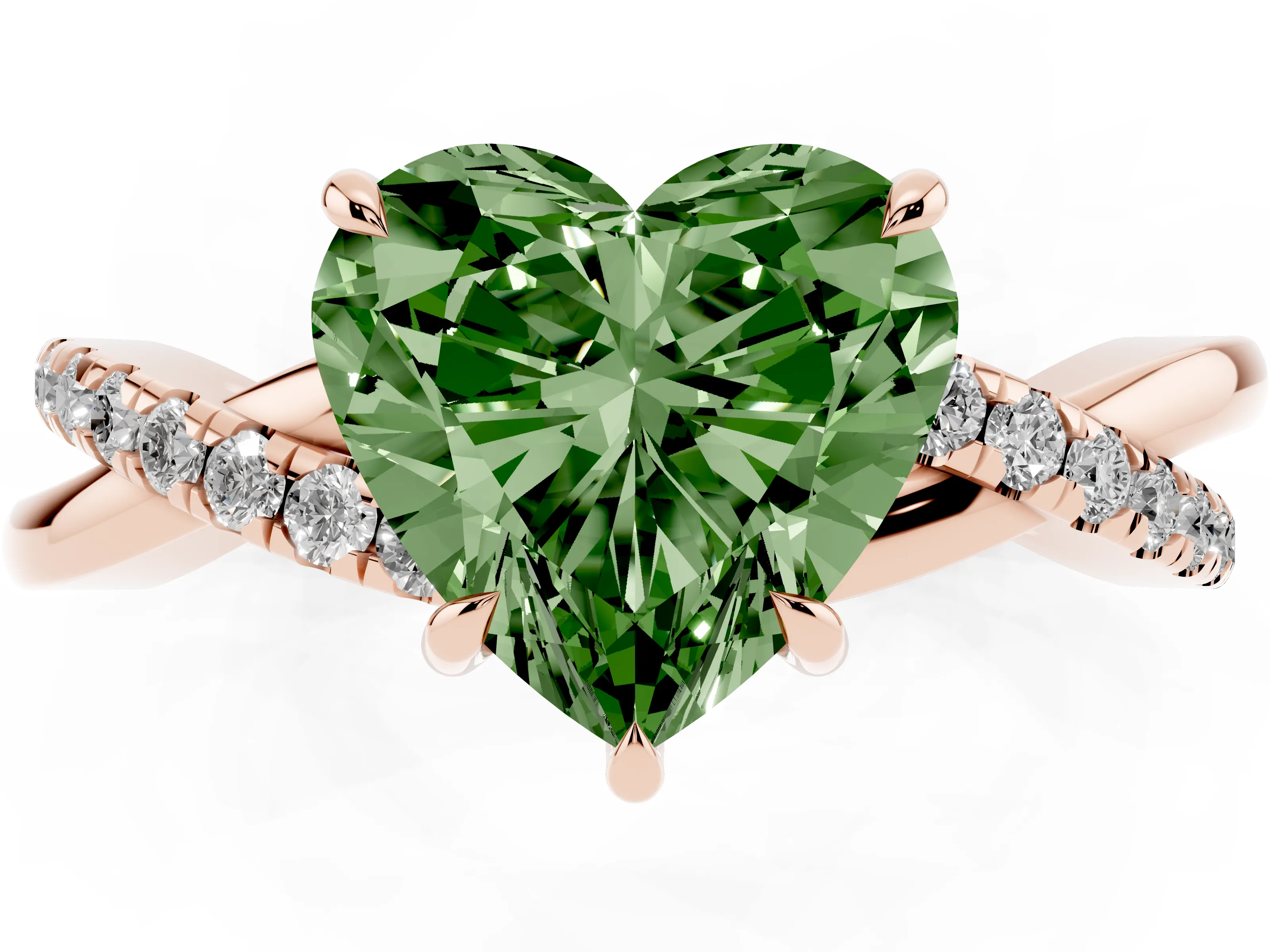 Fancy Green Heart Cut Diamond Twisted Pavé Band Ring Set in Rose gold with Prong Setting