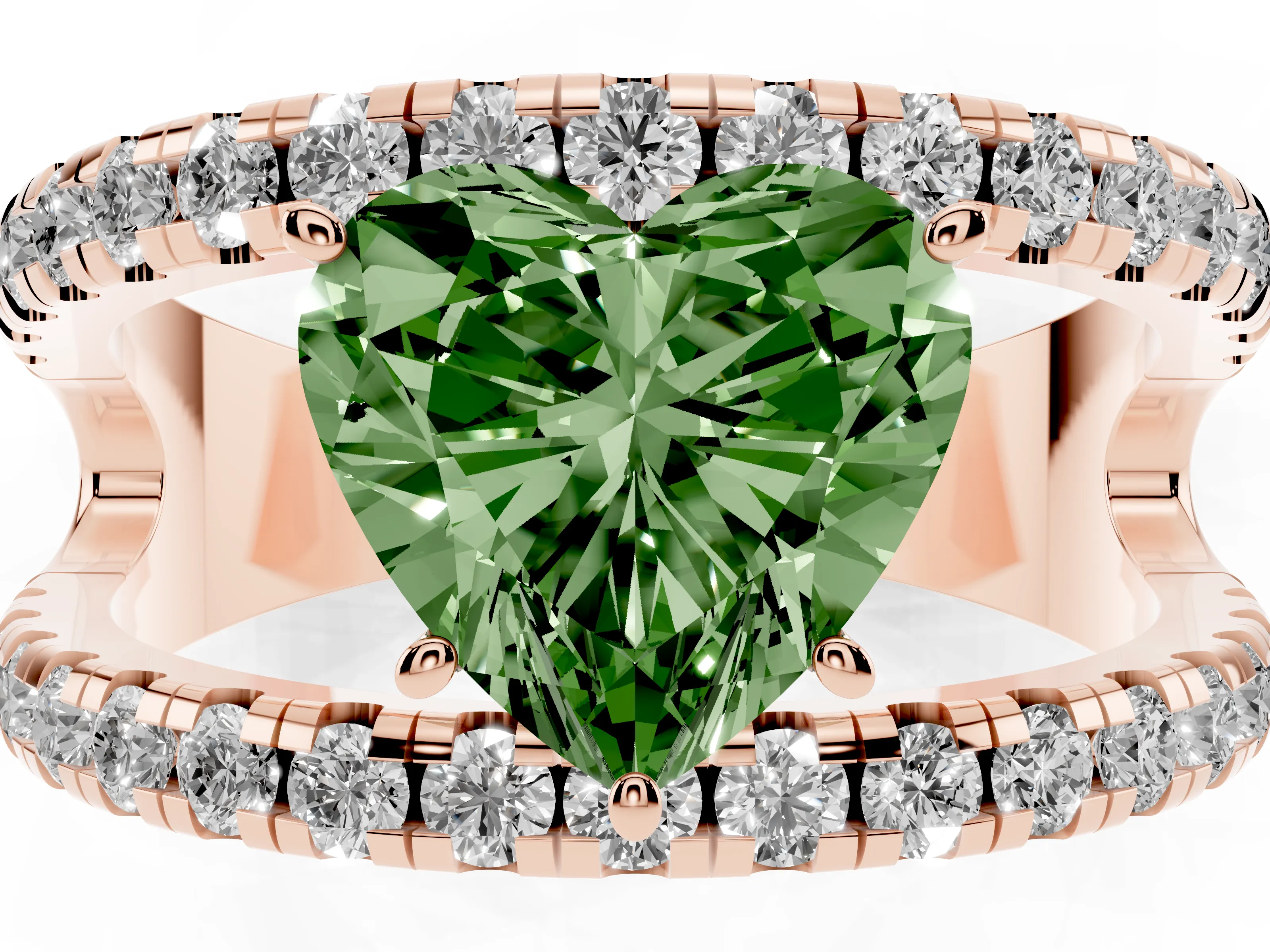 Fancy Green Heart Cut Diamond Split Shank Pavé Solitaire Ring Set in Rose gold with Open Shank Design