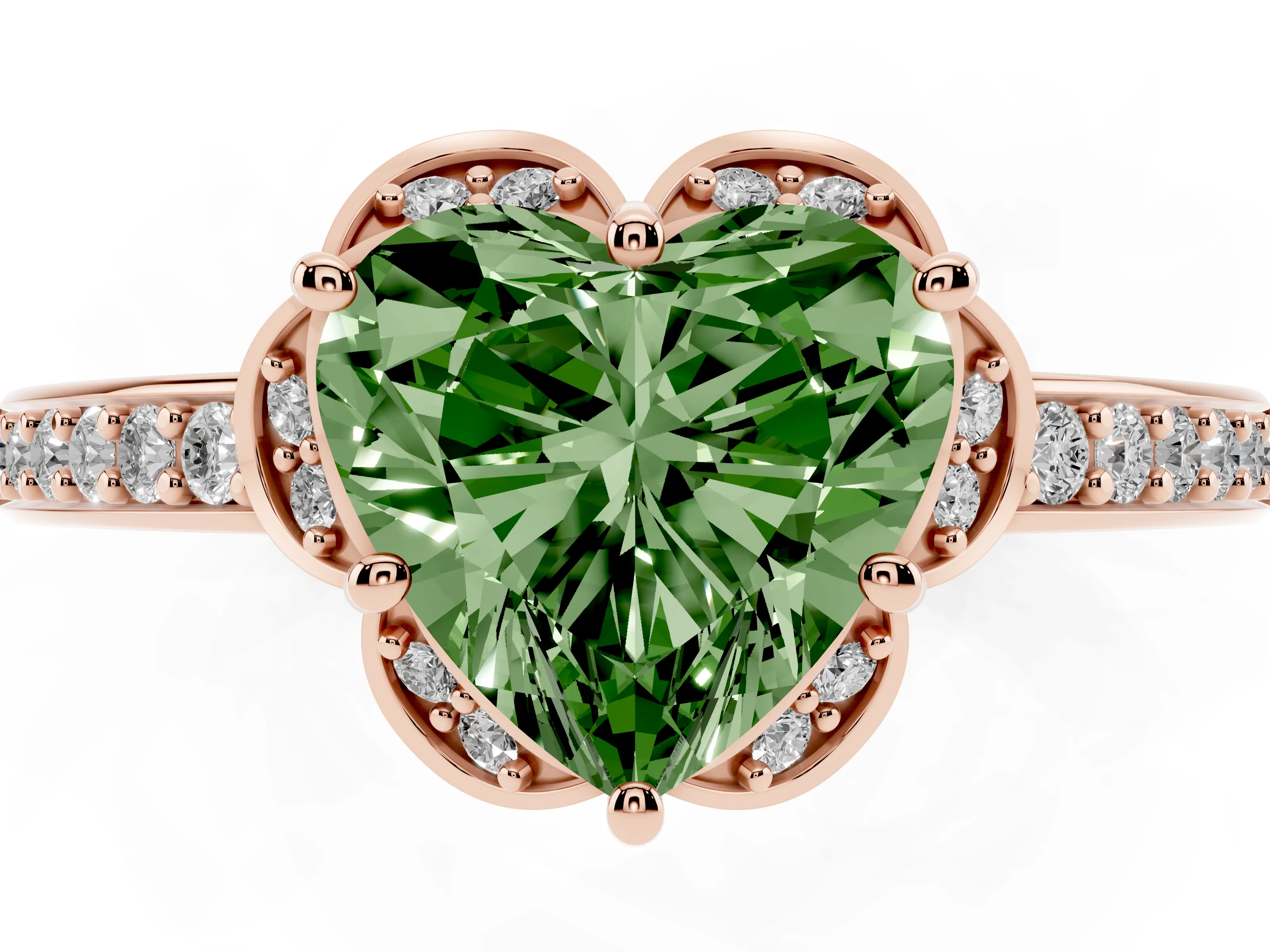 Fancy Green Heart Cut Diamond Halo Ring Set in Rose gold with Channel Set Band and Prong Setting