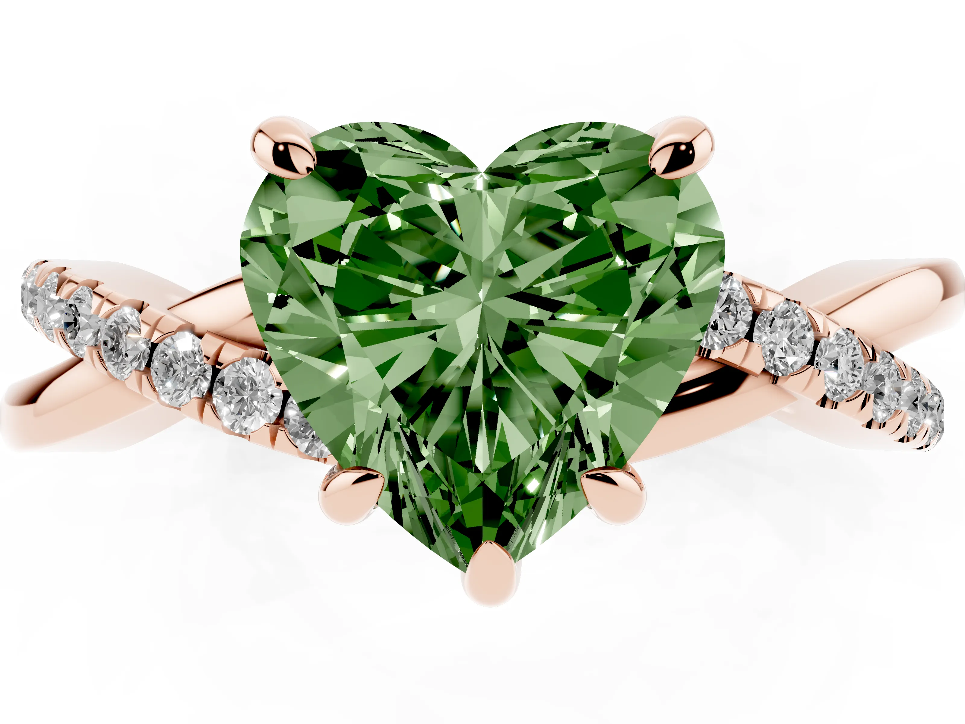 Fancy Green Heart Cut Diamond Twist Band Solitaire Set in Rose gold with Pavé Accents and Prong Setting