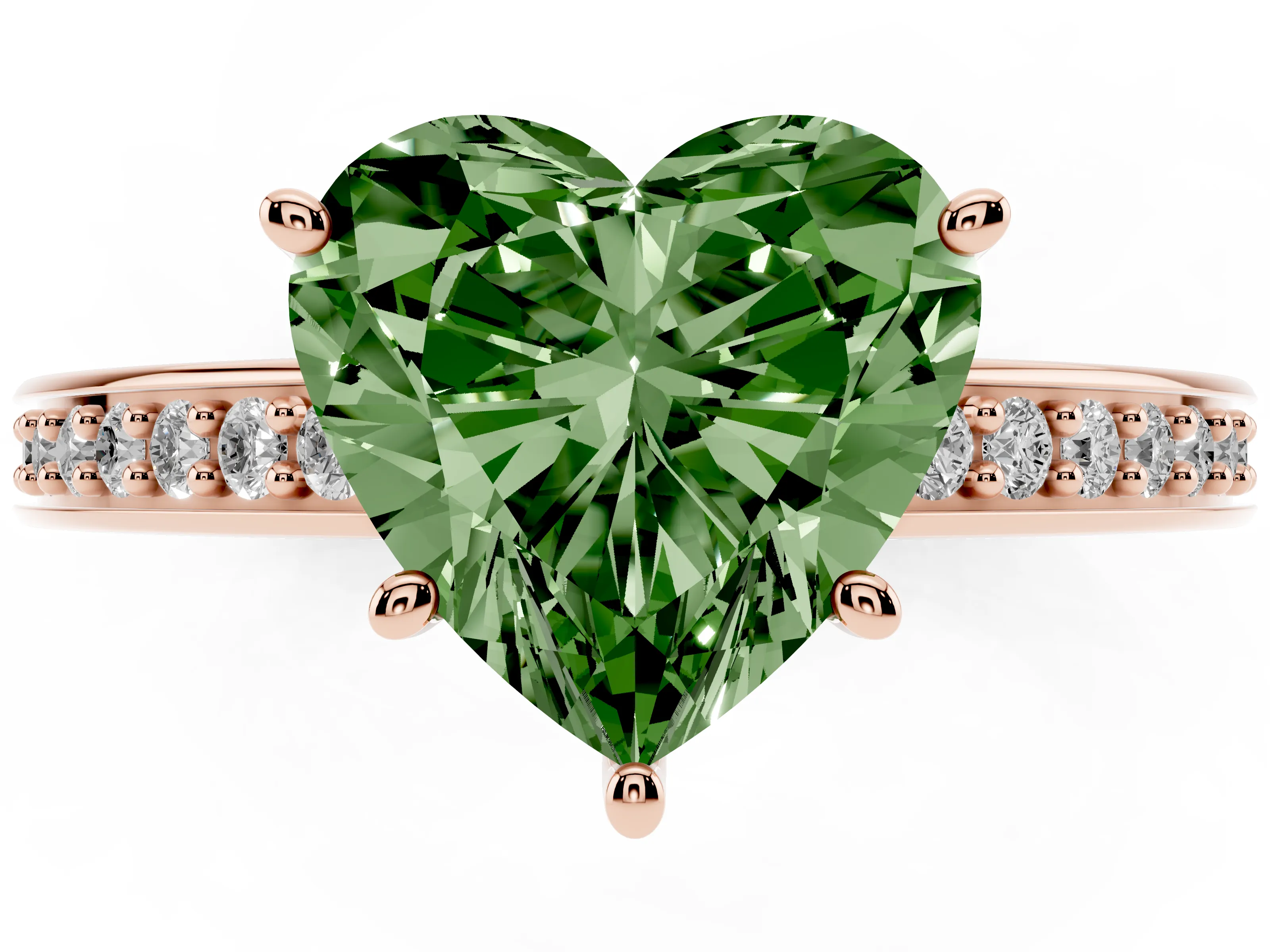 Fancy Green Heart Cut Diamond Pavé Band Prong Set Solitaire Ring Set in Rose gold