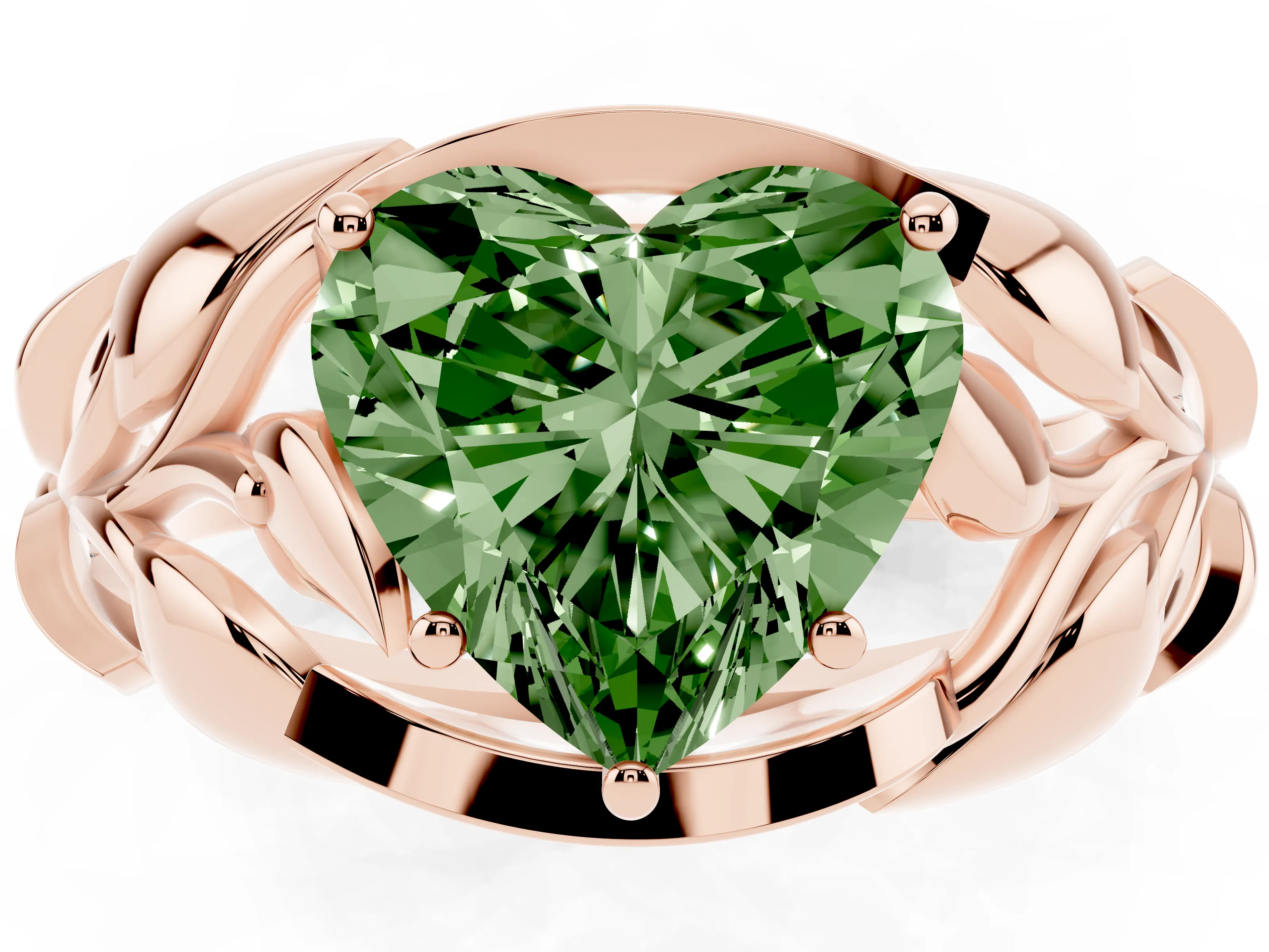 Fancy Green Heart Cut Diamond Leaf-Inspired Engagement Ring Set in Rose gold with Round Accents