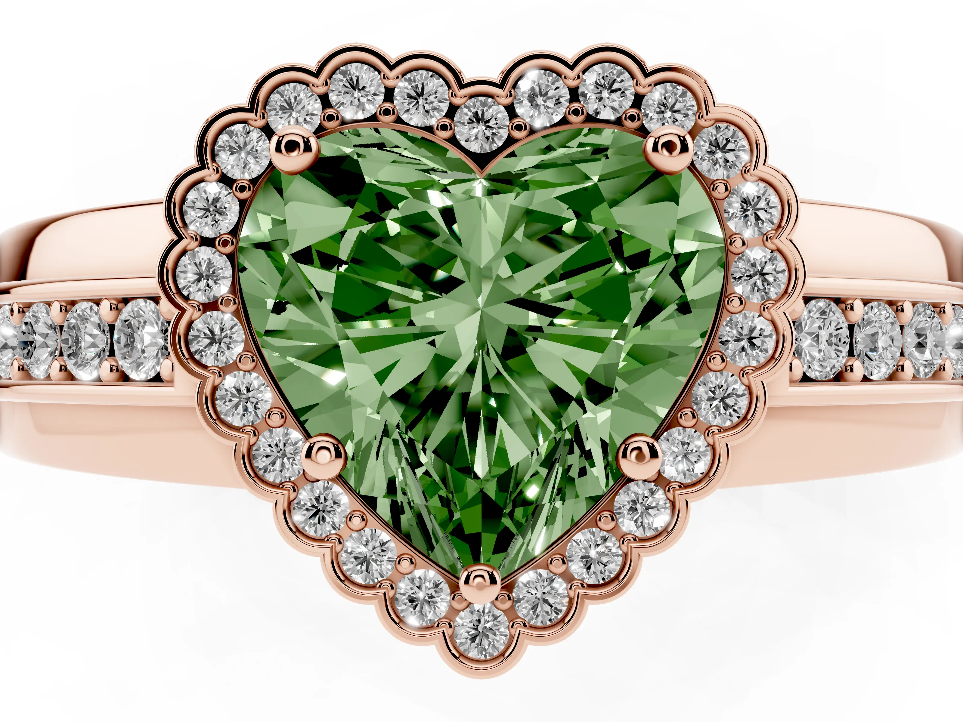 Fancy Green Heart Cut Diamond Halo Prong Ring Set in Rose gold with Pavé Band