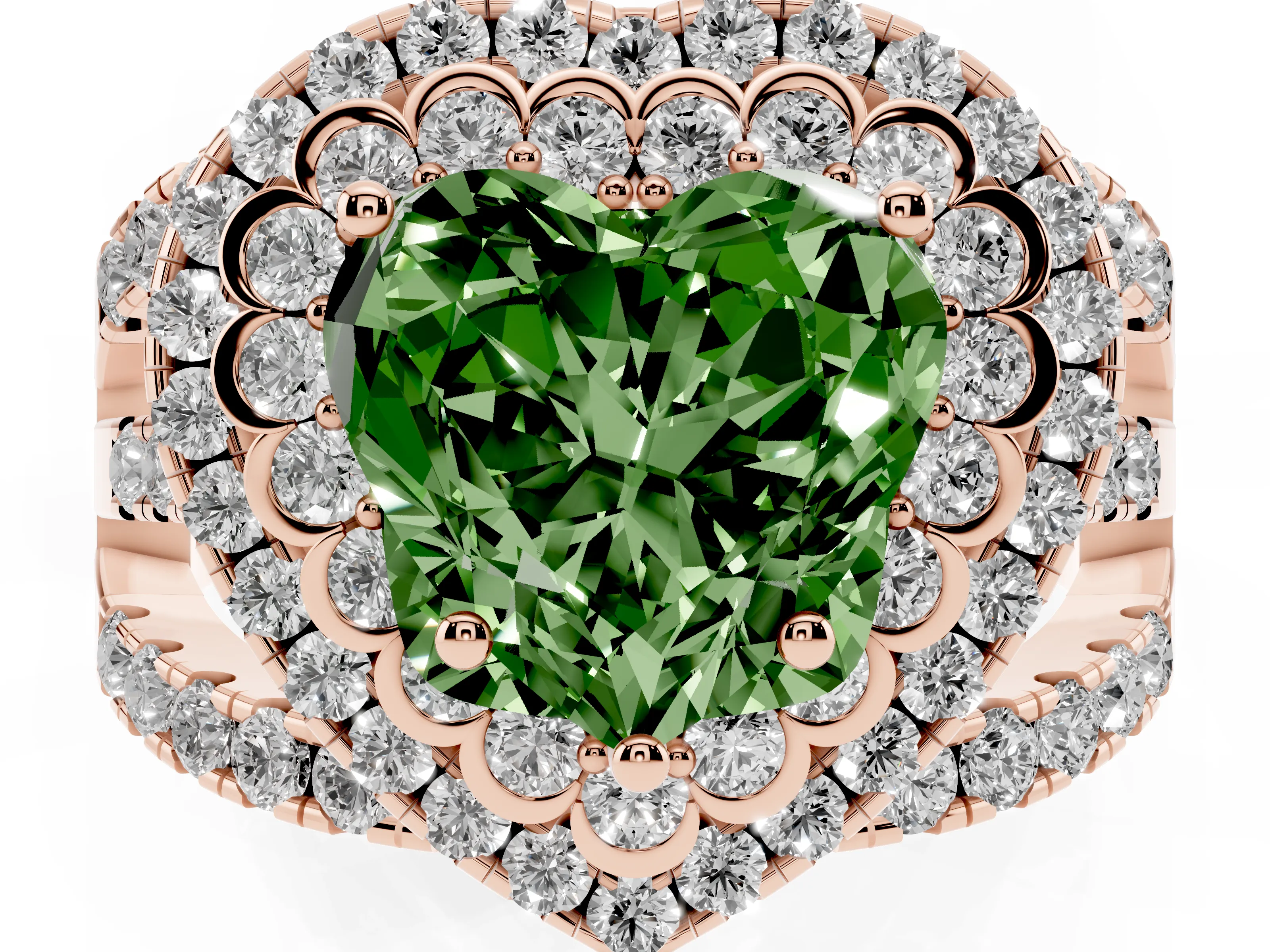Fancy Green Heart Cut Diamond Double Halo Ring Set in Rose gold with Round Pavé Split Shank