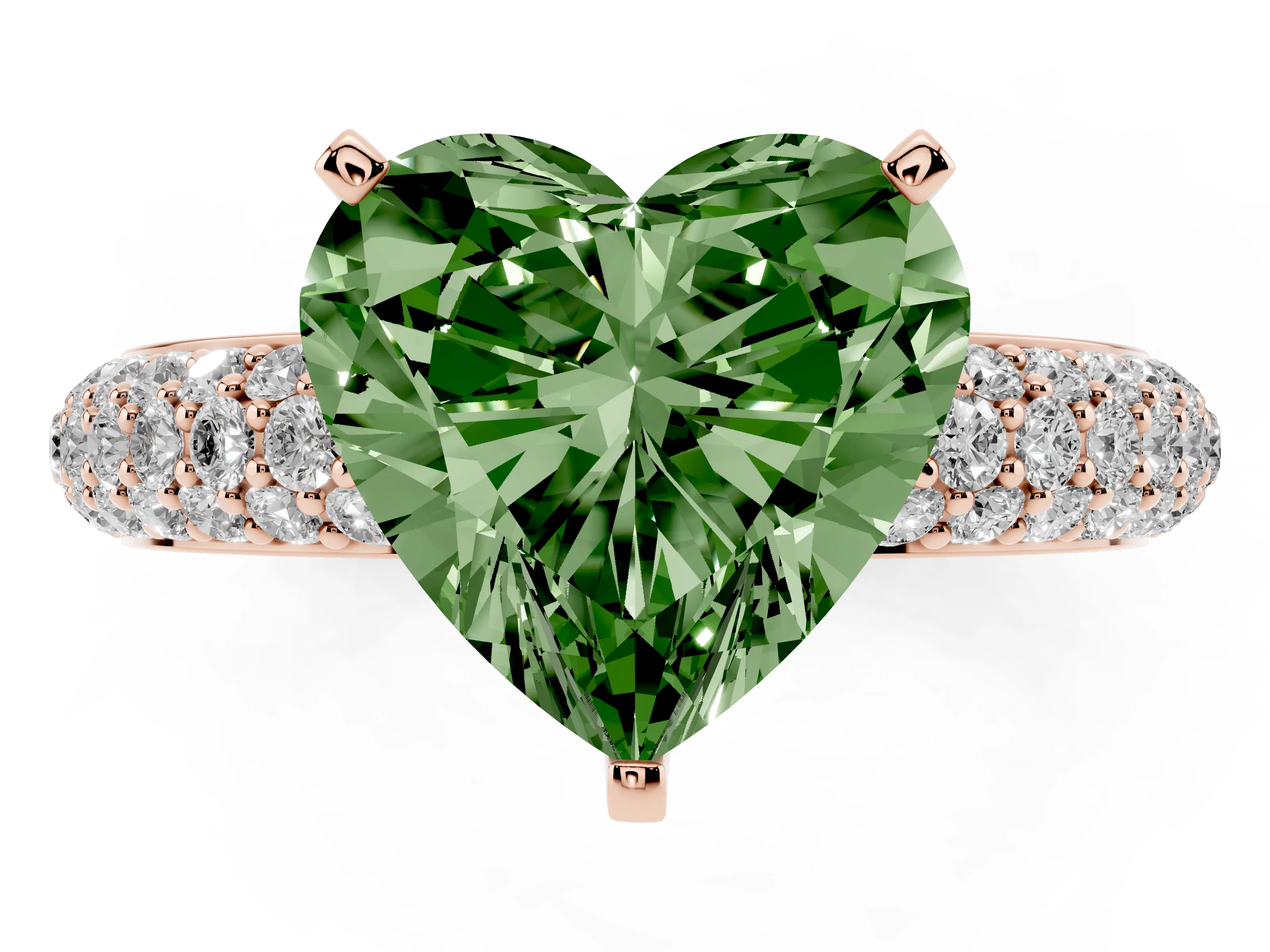 Fancy Green Heart Cut Diamond Solitaire Ring Set in Rose gold with Prong Setting and Pavé-Set Band