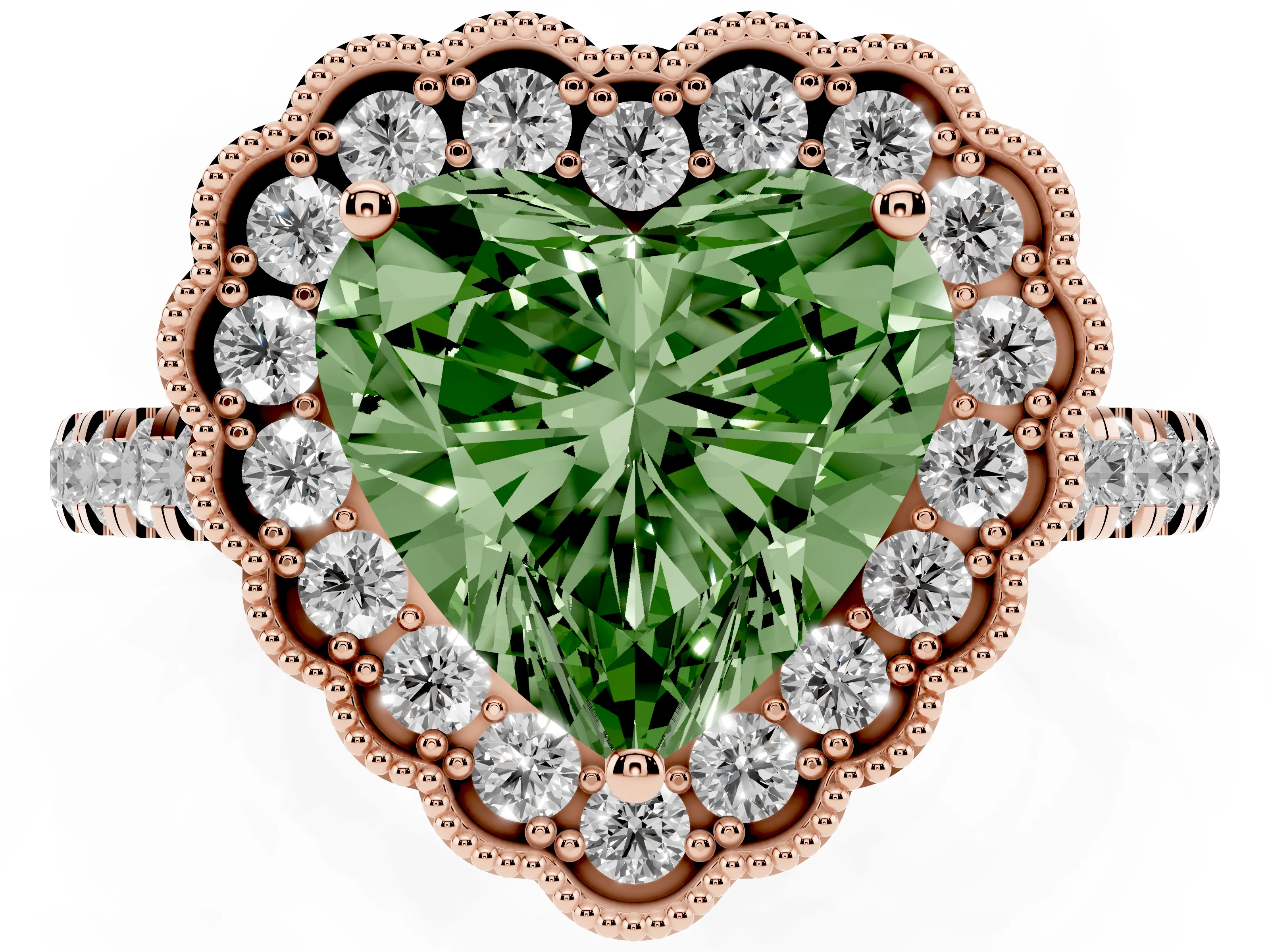 Fancy Green Heart Cut Diamond Milgrain Floral Halo Engagement Ring Set in Rose gold with Pavé Band